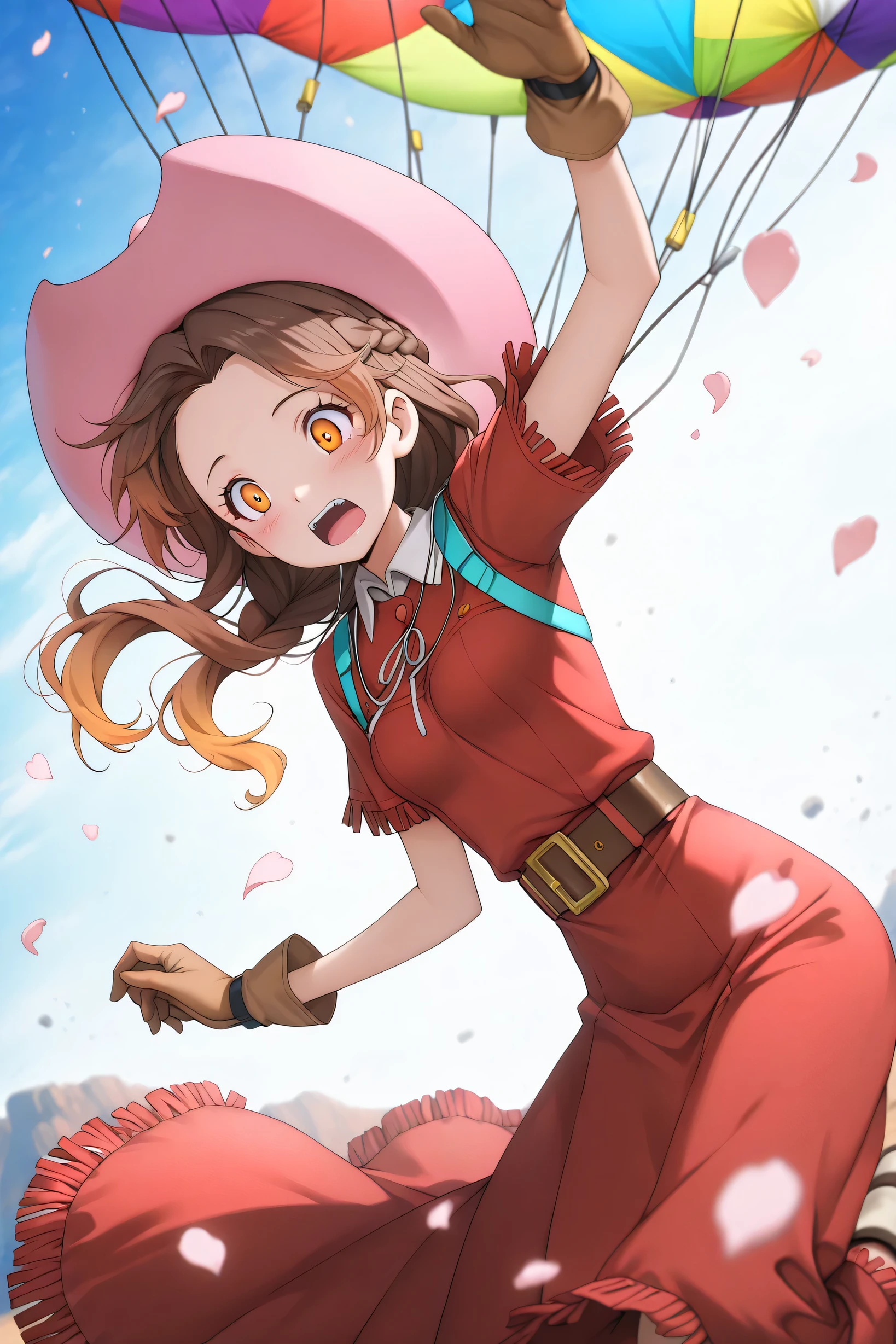 ((language: Japanese、English)、(Masterpiece), (Highest Quality), (High Score), (High Resolution),(4k),Uncensored,),

(fantasy、Ancient Europe、(spring)、(morning)、(Clear skies)、(Outdoors)、1girl,,solo,),

(,(Sky, small sun, clear skies Rainbow), ,,(skydiving scene:1.4),(A girl descending from the sky,(Colorful parachute)),,,(Anatomically accurate structure),Sky,),

((wind,(Falling petals),,BREAK,(anime screencap), (Hair flowing in the wind), (hairdetailer:1.5),(ultra-detailed face:1.4),(beautiful detailed eyes:1.4),[(depth of field, shallow depth of field, background gradually blurred, sharp focus on character),:1.4)][(Frontlight:1.4)],))

((mature woman,MimiT,brown hair,Braid, [(gradient hair from bronw to light brown:1.4)0.6],Large cowboy hat, pink hat), red dress, short sleeves, red cape, long skirt, red skirt, white collared boots,Brown belt,(Thimbles, brown gloves)(small breasts),(Slender),,BREAK,(petite),(Short torso),(small hip),),((happy),wink,(opened mouth),)midair in thesky,,BREAK,(arm above head:1.5),(bent one knee:1.2),(head down:1.4),(leaning forward:1.2),[looking down:],[cowboy shot:],[from side:1.5],,BREAK,[three-quarter view:1.5],[dutch angle],(Zero gravity),),

(),
（high score）、（superlative image generation）、
(The correct number of fingers, five fingers),

