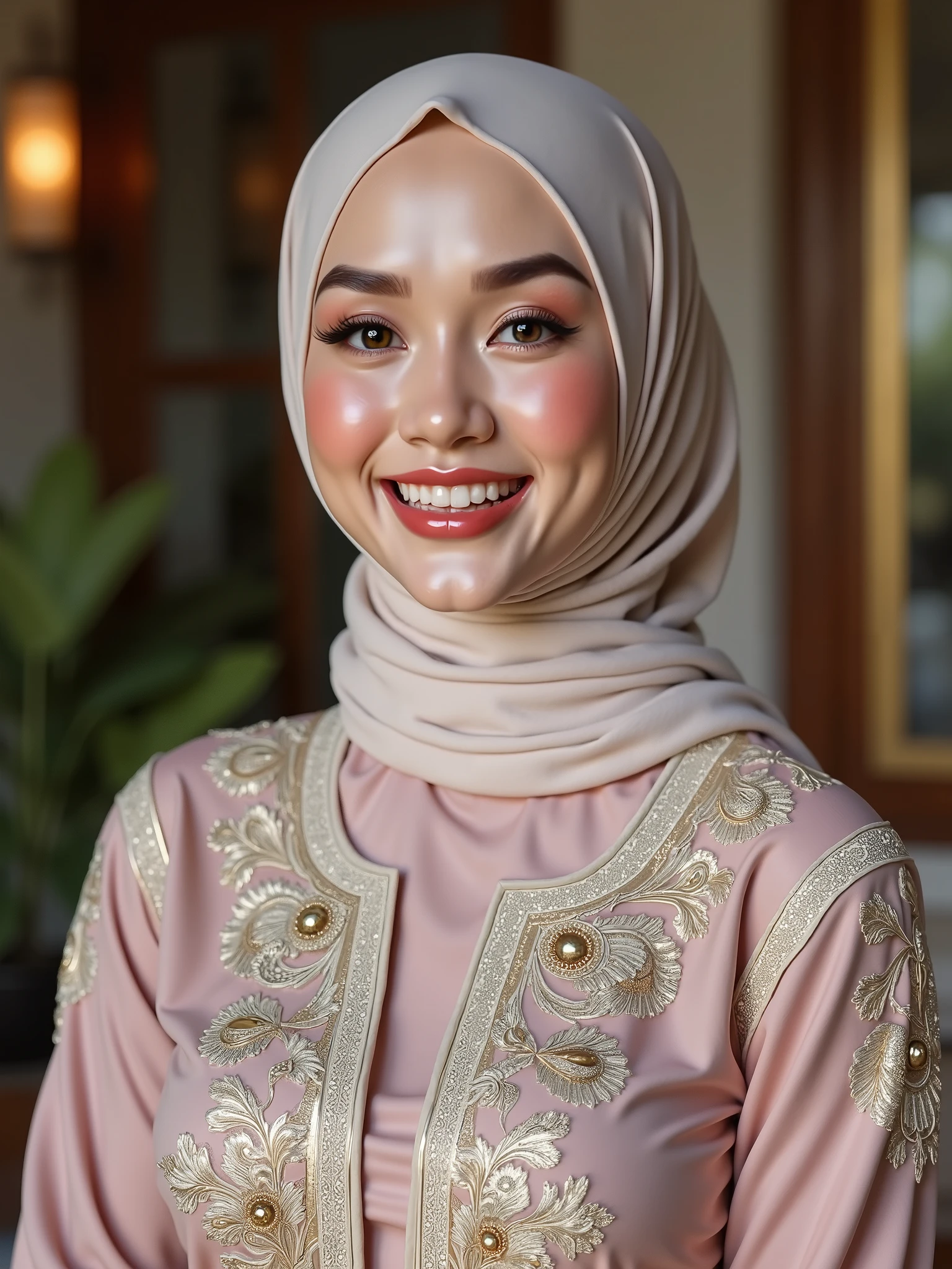 hyper HD, Masterpiece, Textured skin, 8K, Best quality of potrait a Beautiful muscle hijab asian woman white fairy skin wearing kebaya outfit , perfect veil hijab muslimah style, detail scarf , close-up half body , happy vibes, beauty smile open mouth showing teeth , smiling confident , looking at outside, aside dynamic relax pose , large breasts , upper muscle body slightly thick , ultrarealistic , hyper detail , sharp and smooth , best quality , high resolution .