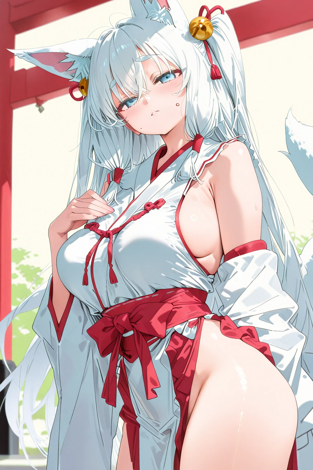 masterpiece, best quality, 1girl, yellow eyes, long hair, white hair, sitting, red kimono, large breasts, topless, light smile, arms behind back, nature, hair ornament, animal ears, nipples, water,<lora:more_details:0.3>,<lora:GoodHands-beta2:0.8>,