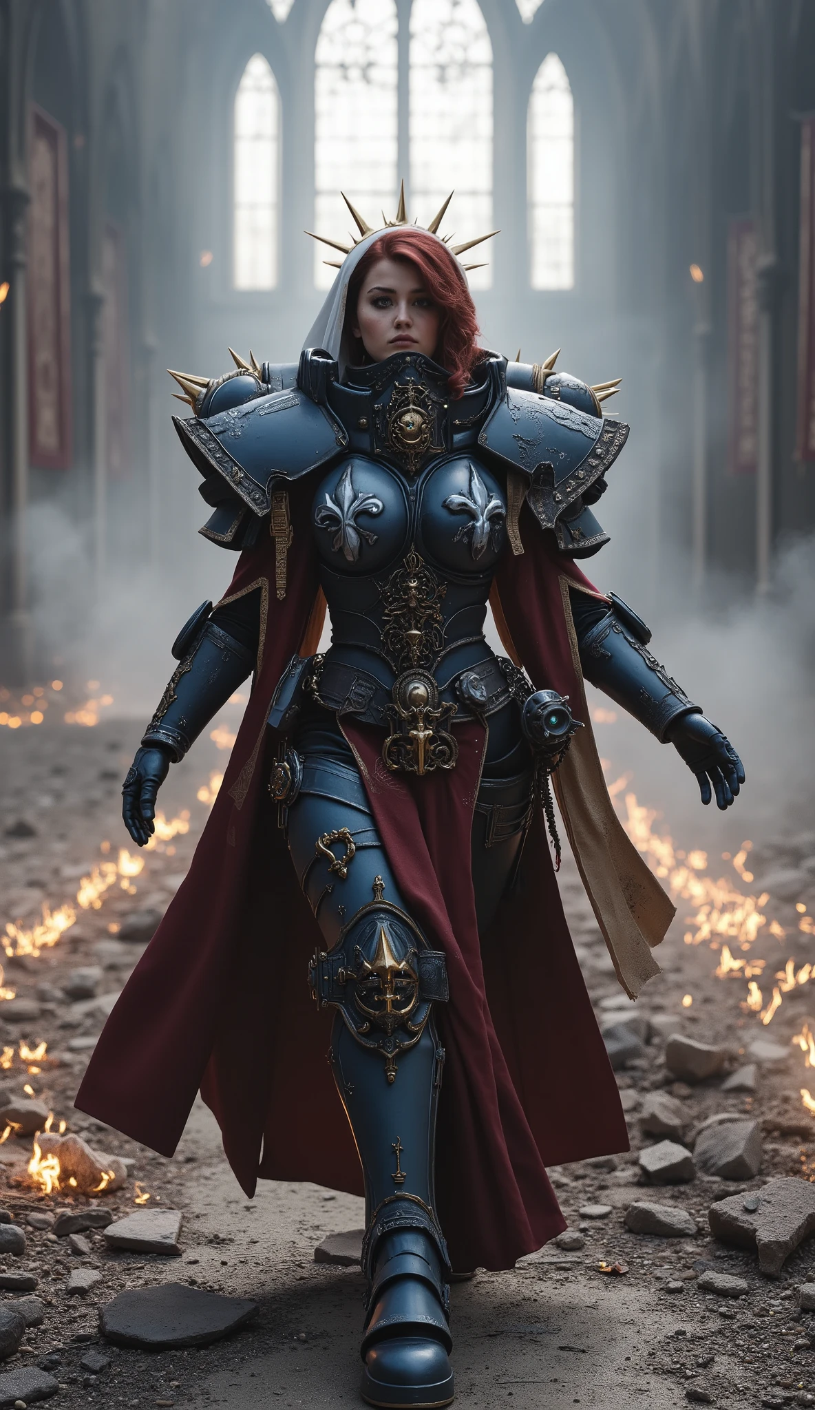 A hyper-realistic, full-body cinematic portrait of a female Sister of Battle Captain walking forward in front of a destroyed gothic cathedral, both arms lowered and spread wide as if welcoming or embracing destiny.

She wears an ornate custom power armor in tones of deep blue and light gray, adorned with sacred relics, gold filigree, purity seals, engraved scriptures, and a spiked halo around her head — radiating divine authority and power.

Over her armor, she wears a ceremonial hood inspired by a nun’s veil, white with blue stripes, seamlessly integrated into the armor’s design. From beneath it, her wavy burgundy hair flows softly, adding a human warmth to her sacred, battle-hardened presence.

Her face is visible and expressive, based on a real woman with soft features, fair skin, and one cybernetic right eye implant glowing faint blue, contrasting with her natural left eye.

The background shows a ruined cathedral, broken stained glass, burning incense, and beams of holy light cutting through drifting ash and fog. The ground is covered with rubble, glowing embers, and remnants of banners.

The atmosphere is majestic, grimdark, and reverent — a balance between holiness and war. Her armor’s texture reveals scratches, dents, and relic etchings glowing faintly in the light.

Cinematic lighting, ultra-detailed 4K realism, realistic skin pores, volumetric fog, lens depth of field, bokeh highlights, photorealistic metal reflection, professional composition, full-body centered perspective.

Vertical 9:16 ratio, perfect balance between sacred and sci-fi Warhammer 40k aesthetic, masterpiece-level detail and depth.




---

⚙️ Negative Prompt (to ensure clean quality):

> (worst quality, low quality, blurry, pixelated, cartoon, anime, drawing, sketch, illustration, 3d render, text, watermark, signature, cropped, distorted face, deformed hands, extra limbs, low detail, unrealistic proportions, oversaturated, low contrast, lowres, artifacts, bad lighting)
