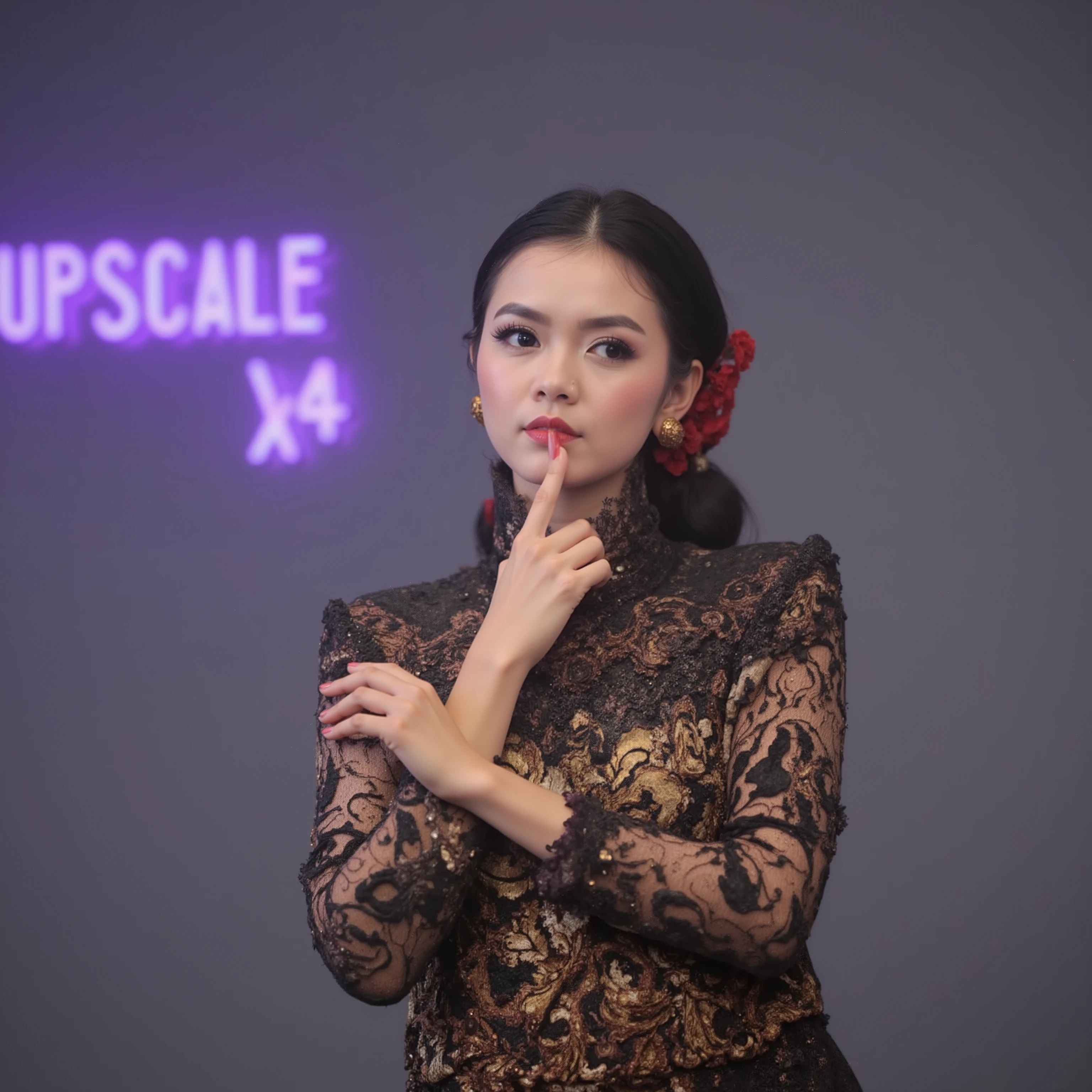 A photorealistic portrait of a young woman with a confident, strong expression. She is standing in a poised and bold pose with one hands on her lips, looking directly into the camera. She is wearing a Indonesian Kebaya. Her hair is dark, styled neatly but naturally, and she has subtle, professional makeup. The background is a plain, minimalist studio setting, ensuring the focus is entirely on the subject. Key lighting (studio lighting) highlights her face and the crisp texture of the shirt. Sharp focus, shallow depth of field (bokeh) in the background with LED signboard "3. UPSCALE X4" on the wall show with violet light.
Ultra-detailed, 8K, cinematic photo, Canon 5D Mark IV photography, high fidelity, hyperrealism, professional editorial shoot aesthetic