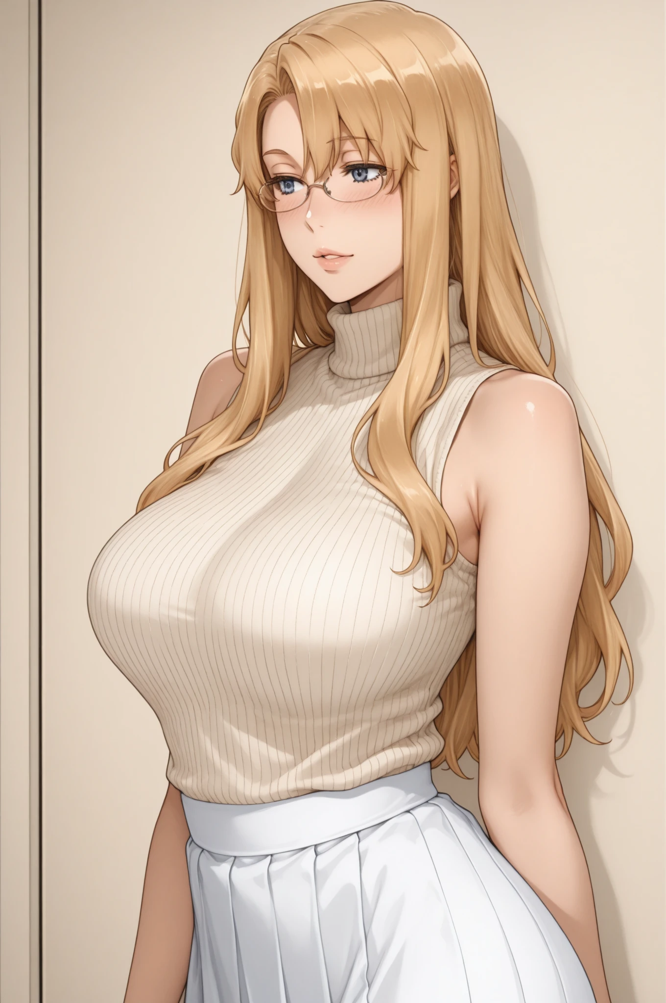 score_9, score_8_superior, score_7_superior, Hi、he, Brown eyes, Blonde, Multicolored Hair, Long Hair,Round neck ,White tight T-shirt、Long sleeve、Are standing,Big Breasts、black long camisole dress、turn around、Cleavage