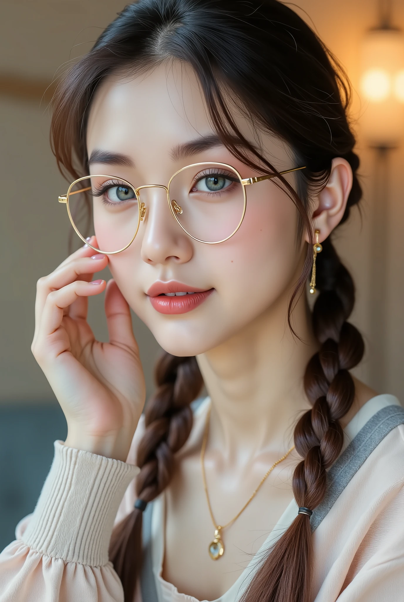A hyper-realistic portrait of a beautiful asian glasses woman with fair, flawless skin and delicate facial features. She has bright, expressive blue-gray eyes with soft eyeliner and long lashes, perfectly shaped eyebrows, and natural pink lips with a subtle gloss. Her dark brown hair is styled in two neat braids, each tied with a soft pink satin ribbon. Perfect golden thin round glasses frame. She wears a light-colored sports-style shirt with silver-gray accents and a white neckline. A delicate gold necklace with a small pendant rests at her neck. She gently touches her face with one hand, smiling softly and looking directly at the camera. The lighting is warm and even, creating a smooth, glowing complexion. The background is softly blurred, focusing attention on her serene and elegant expression.
**Style:**
Ultra-detailed, cinematic portrait photography — soft lighting, creamy bokeh background, smooth skin texture, natural tones, and sharp facial focus.
**Mood:**
Calm, charming, and youthful with a touch of modern elegance.