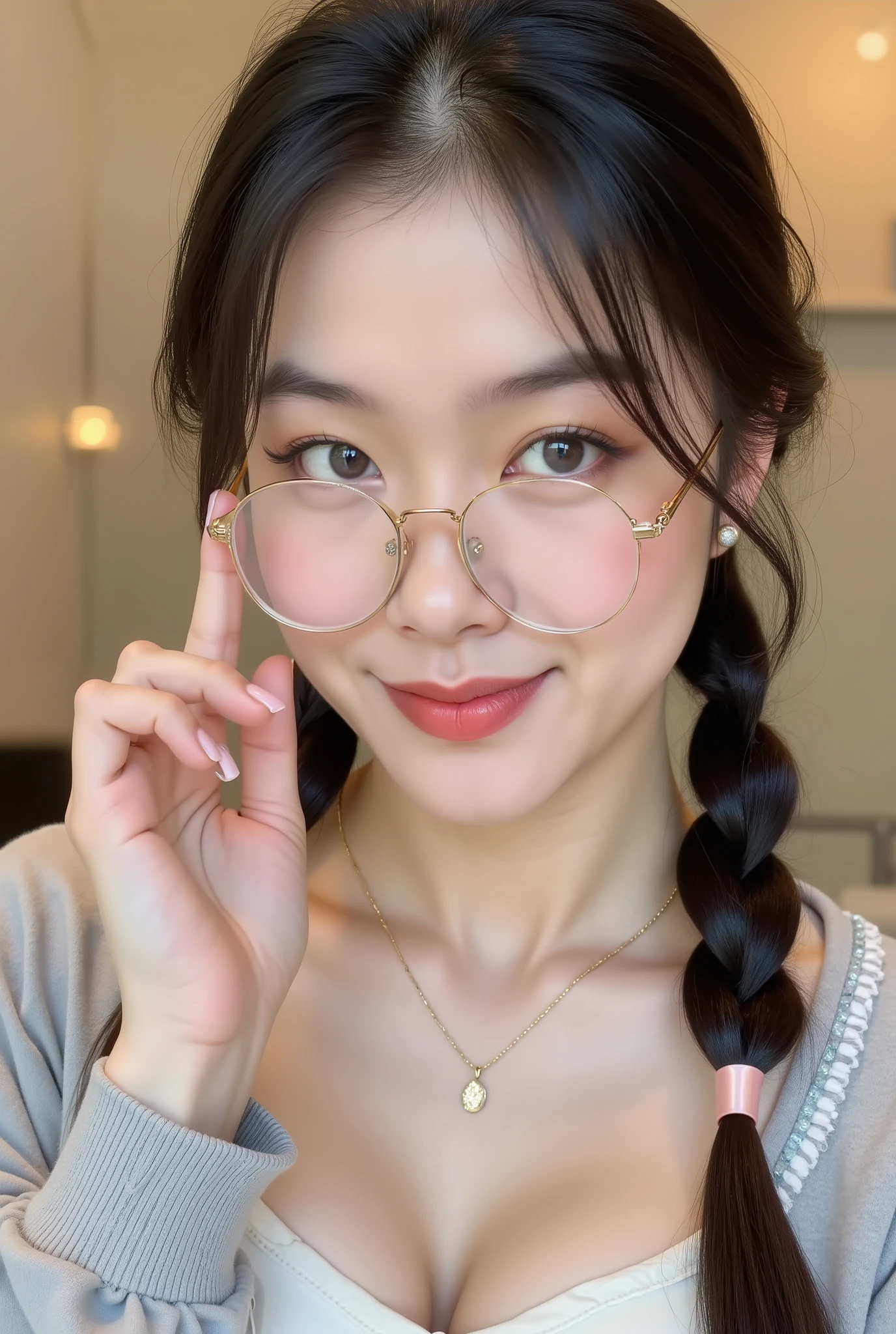 A hyper-realistic portrait of a beautiful asian glasses woman with fair, flawless skin and delicate facial features. She has bright, expressive blue-gray eyes with soft eyeliner and long lashes, perfectly shaped eyebrows, and natural pink lips with a subtle gloss. Her dark brown hair is styled in two neat braids, each tied with a soft pink satin ribbon. Perfect golden thin round glasses frame. She wears a light-colored sports-style shirt with silver-gray accents and a white neckline. A delicate gold necklace with a small pendant rests at her neck. She gently touches her face with one hand, smiling softly and looking directly at the camera. The lighting is warm and even, creating a smooth, glowing complexion. The background is softly blurred, focusing attention on her serene and elegant expression.
**Style:**
Ultra-detailed, cinematic portrait photography — soft lighting, creamy bokeh background, smooth skin texture, natural tones, and sharp facial focus.
**Mood:**
Calm, charming, and youthful with a touch of modern elegance.