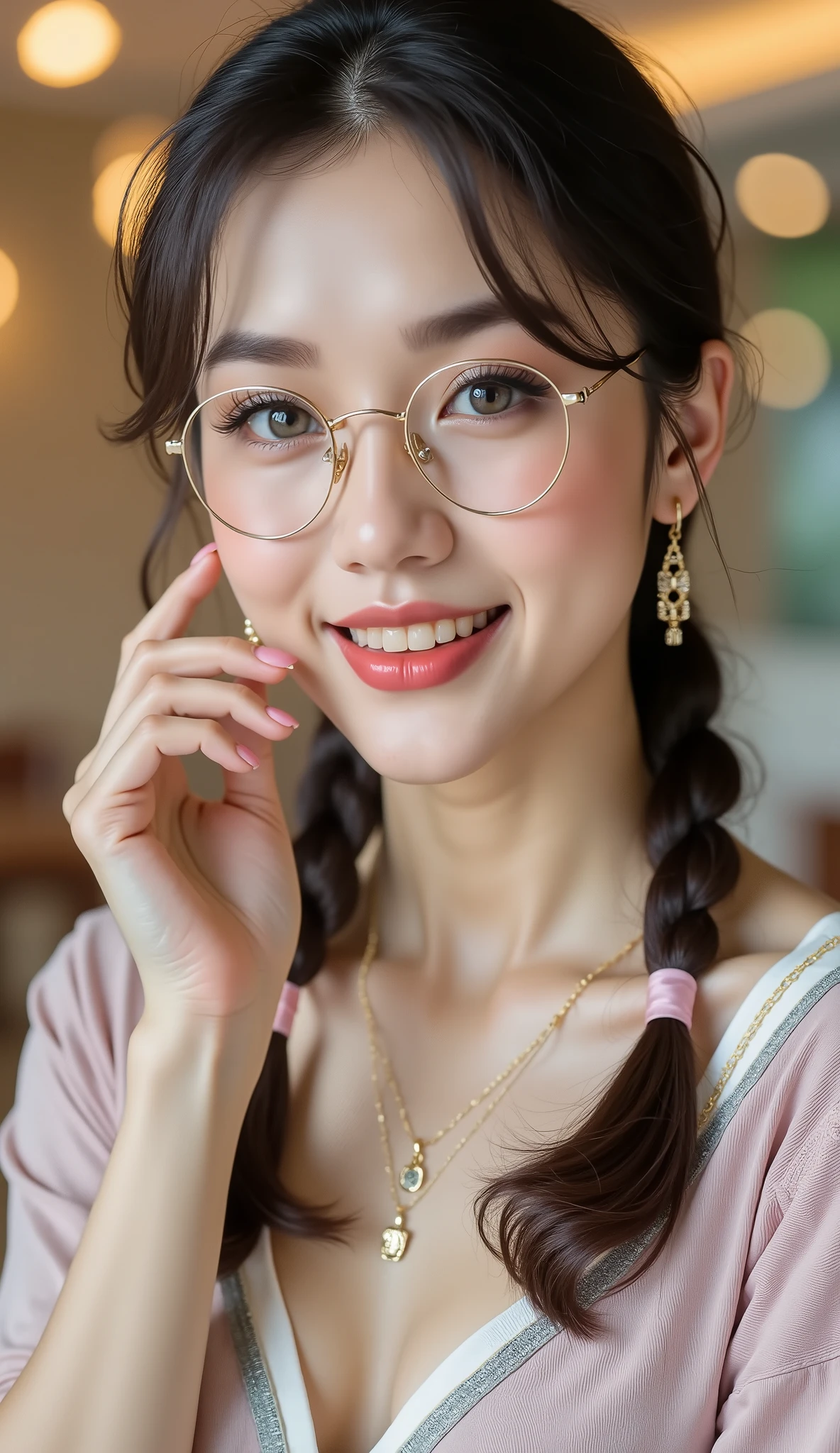 A hyper-realistic portrait of a beautiful asian glasses woman with fair, flawless skin and delicate facial features. She has bright, expressive blue-gray eyes with soft eyeliner and long lashes, perfectly shaped eyebrows, and natural pink lips with a subtle gloss. Her dark brown hair is styled in two neat braids, each tied with a soft pink satin ribbon. Perfect golden thin round glasses frame. She wears a light-colored sports-style shirt with silver-gray accents and a white neckline. A delicate gold necklace with a small pendant rests at her neck. She gently touches her face with one hand, smiling softly and looking directly at the camera. The lighting is warm and even, creating a smooth, glowing complexion. The background is softly blurred, focusing attention on her serene and elegant expression.
**Style:**
Ultra-detailed, cinematic portrait photography — soft lighting, creamy bokeh background, smooth skin texture, natural tones, and sharp facial focus.
**Mood:**
Calm, charming, and youthful with a touch of modern elegance.