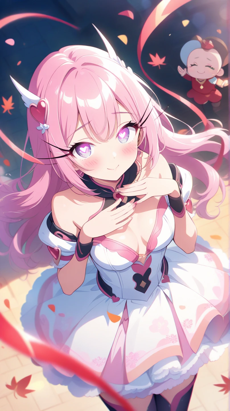 ????? out, absurdres, superfine illustration,rainboweffect, highres, ultra detailed,light diffusion,highly detailed light reflection, kaleidoscope, harmonious, best shadow, highly detailed very beautiful big smile face, ;D, beautiful growing crystal diamond star pupil,look at viewer, beautiful detailed hair, solo, dynamic pose, beautiful detailed pink and black ribon, beautiful detailed High school uniform, Fantastic and the whole shines and shooting star and the wind is strong in detail background