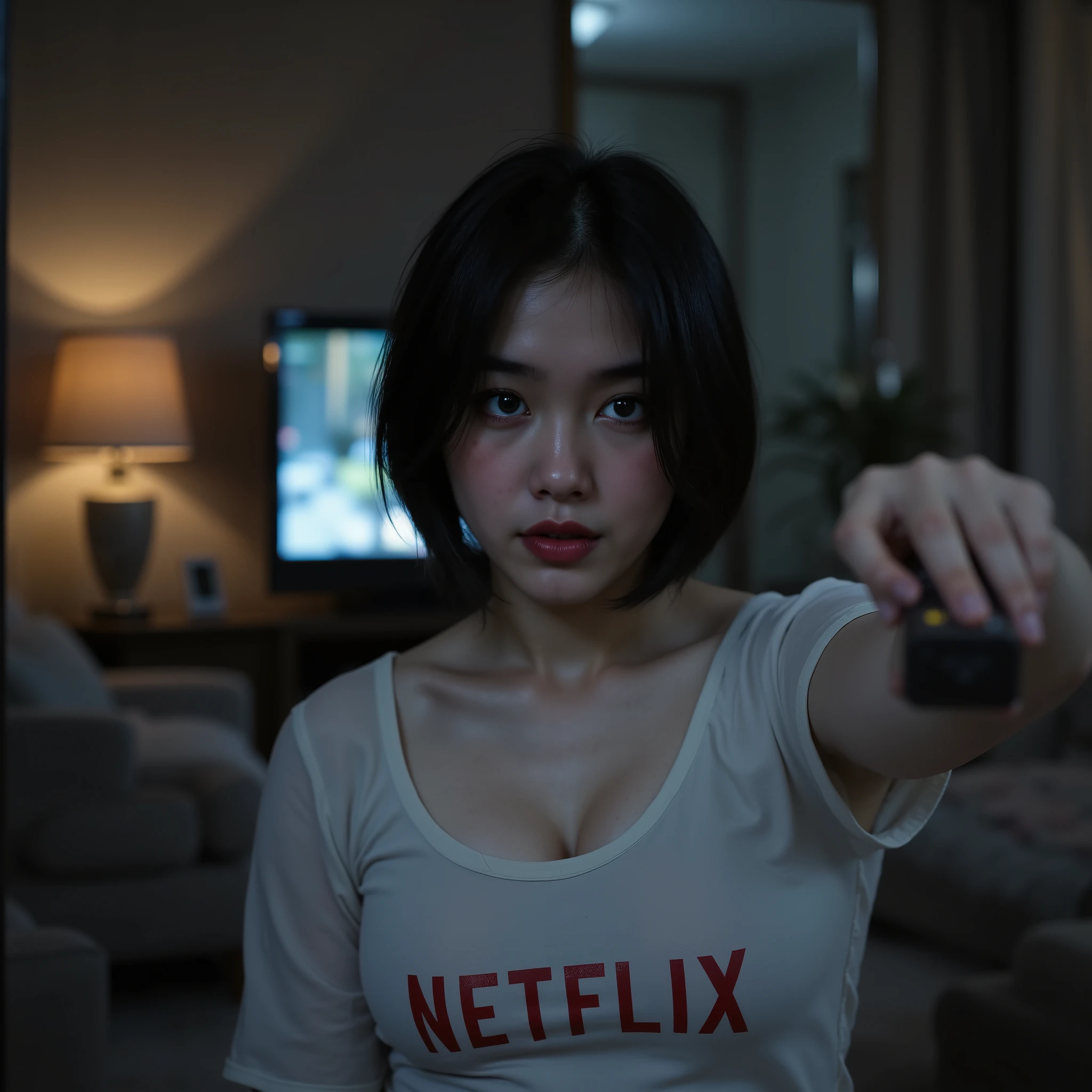 A cinematic, intimate photograph of a young woman with short black hair and freckles, wearing a white top with the Netflix logo, holding a remote control in her hand as she takes a selfie in her living room. The room is dimly lit, with the only source of light coming from the TV screen, casting soft shadows and highlights across her face. The couch is illuminated, but the rest of the room remains dark, creating a sense of solitude within comfort. She smiles faintly, her expression serene and almost detached, as if capturing the moment without fully engaging with it. The atmosphere is casual but tinged with a subtle melancholy, as if she's seeking connection or distraction. The shot has the raw, spontaneous quality of a selfie, but with the soft, nostalgic film texture of 35mm Kodak Portra 800, creating a warm, dreamlike glow. Captured with a Leica Noctilux 50mm f/0.95 lens, enhancing the soft bokeh and depth of field.

