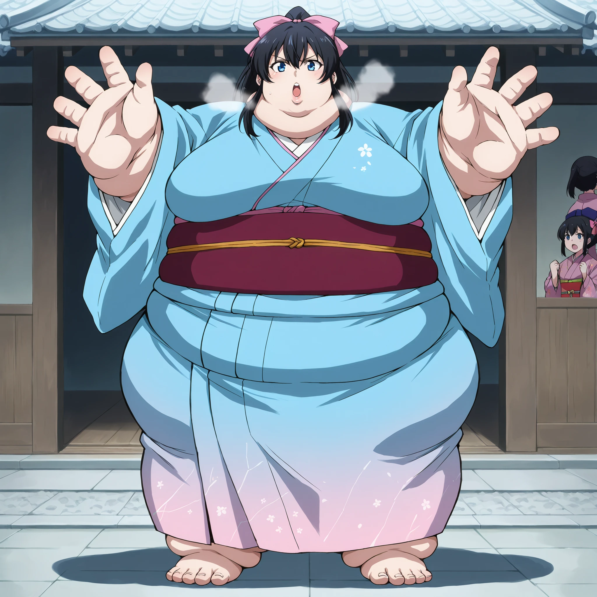 score_9, score_8_up, score_7_up, source_anime, kaorukamiya, kaoru kamiya, blue eyes, black hair, japanese clothes, kimono, sash, obi, pink bow, bow, hair bow, big breasts open mouth, out of breath, Larger female, full body shot, only head, large head, oversized limbs, large hands, large feet, oversized feet, oversized fingers, big lips, plump lips, fat face, fupa, big fupa, fat fupa, 