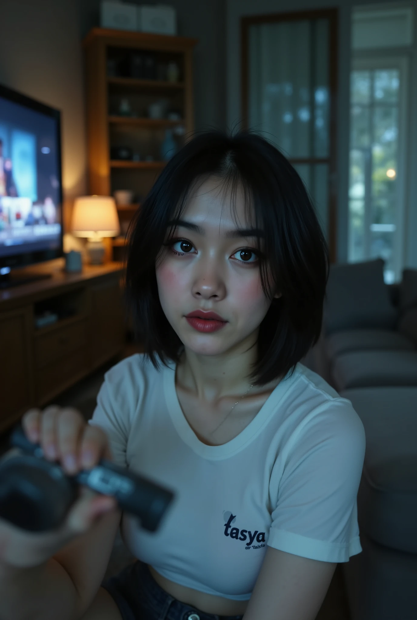 A cinematic, intimate photograph of a young woman with short black hair and freckles, wearing a white top with the "Tasya" logo, holding a remote control in her hand as she takes a selfie in her living room. The room is dimly lit, with the only source of light coming from the TV screen, casting soft shadows and highlights across her face. The couch is illuminated, but the rest of the room remains dark, creating a sense of solitude within comfort. She smiles faintly, her expression serene and almost detached, as if capturing the moment without fully engaging with it. The atmosphere is casual but tinged with a subtle melancholy, as if she's seeking connection or distraction. The shot has the raw, spontaneous quality of a selfie, but with the soft, nostalgic film texture of 35mm Kodak Portra 800, creating a warm, dreamlike glow. Captured with a Leica Noctilux 50mm f/0.95 lens, enhancing the soft bokeh and depth of field.