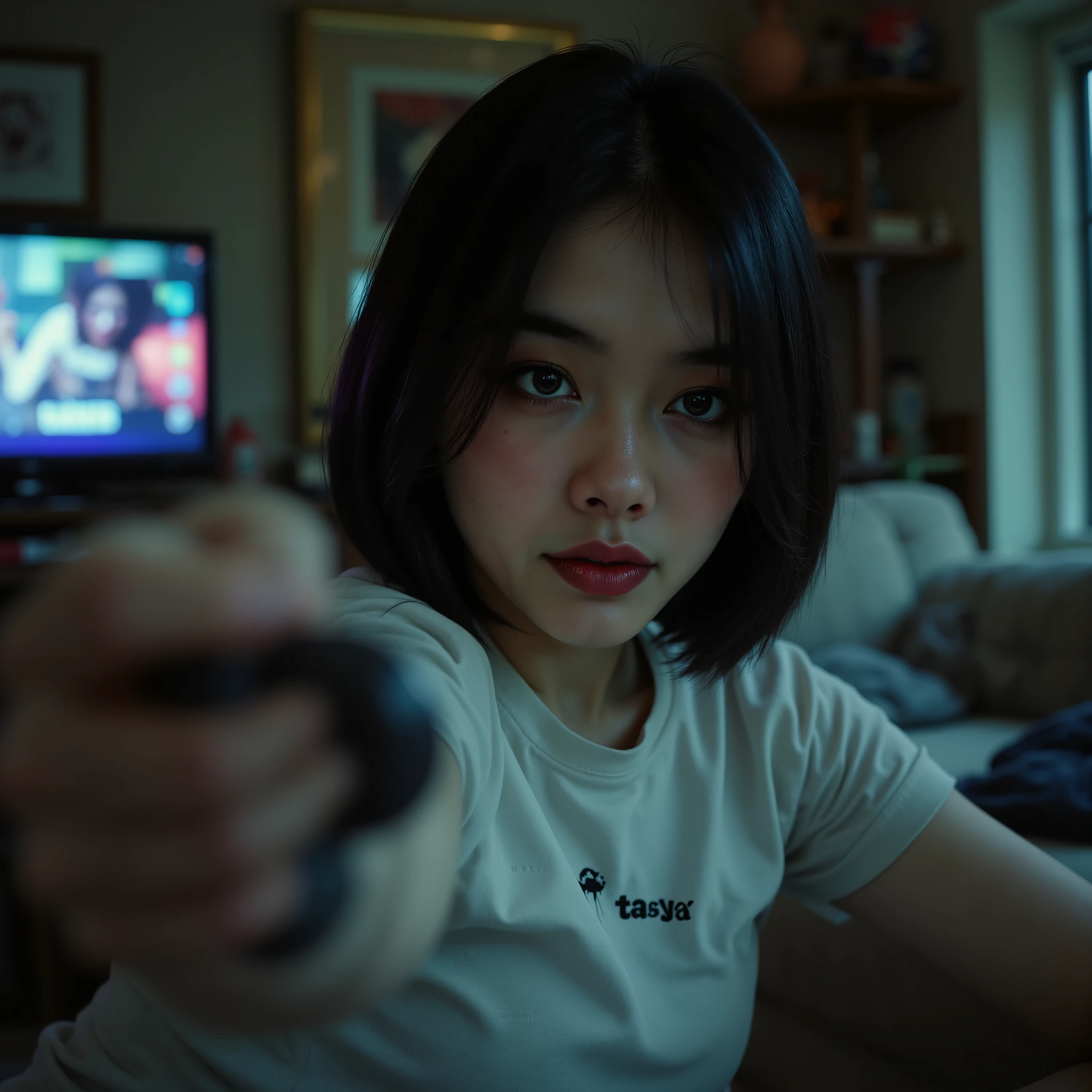 A cinematic, intimate photograph of a young woman with short black hair and freckles, wearing a white top with the "Tasya" logo, holding a remote control in her hand as she takes a selfie in her living room. The room is dimly lit, with the only source of light coming from the TV screen, casting soft shadows and highlights across her face. The couch is illuminated, but the rest of the room remains dark, creating a sense of solitude within comfort. She smiles faintly, her expression serene and almost detached, as if capturing the moment without fully engaging with it. The atmosphere is casual but tinged with a subtle melancholy, as if she's seeking connection or distraction. The shot has the raw, spontaneous quality of a selfie, but with the soft, nostalgic film texture of 35mm Kodak Portra 800, creating a warm, dreamlike glow. Captured with a Leica Noctilux 50mm f/0.95 lens, enhancing the soft bokeh and depth of field.

