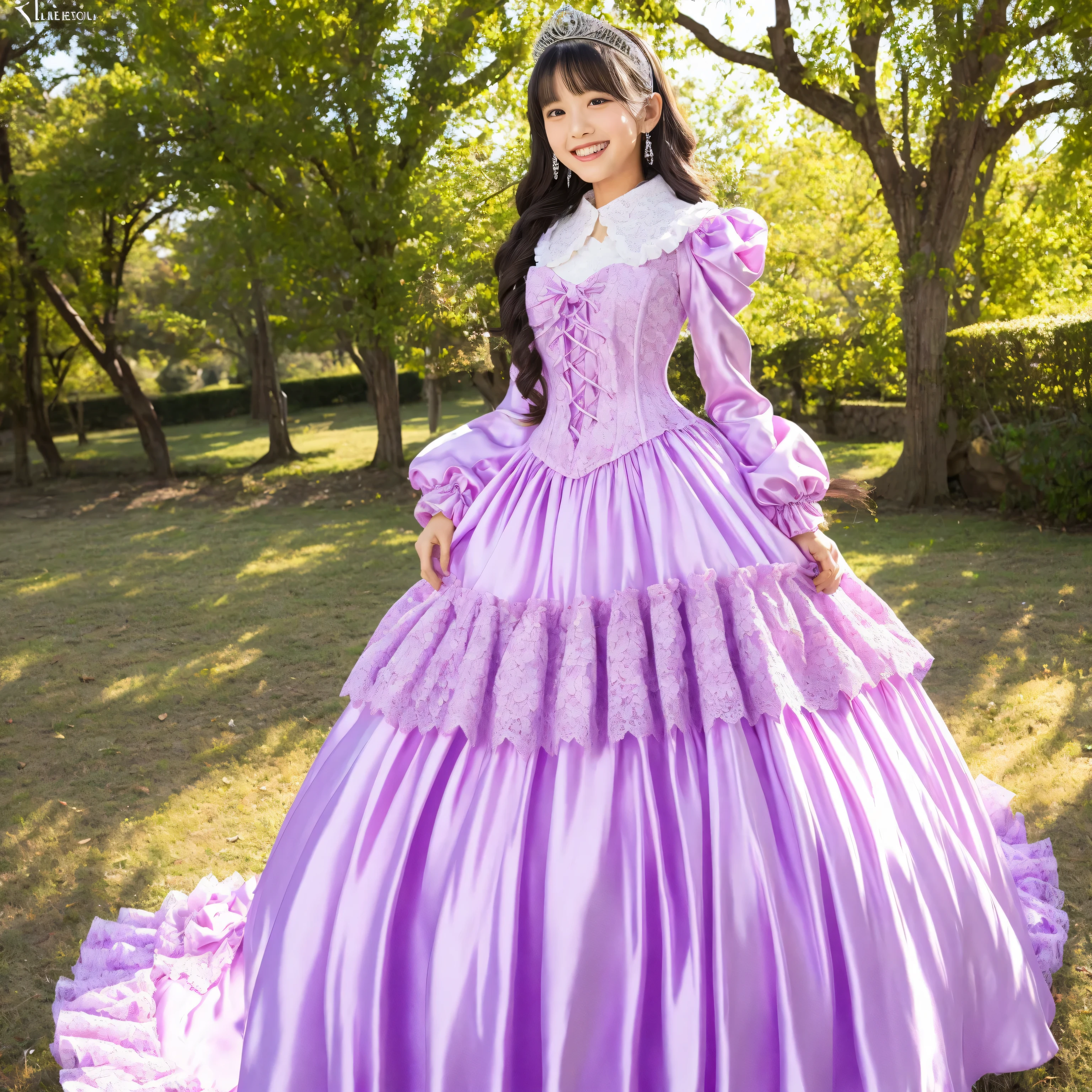 full body,Princess Girl Who Grabbed My Collar,10 years old,((Purple Silk Satin Princess Dress, pink silk satin princess dress with hoop skirt, pink silk satin princess dress with hoop skirt with large ruffle yoke collar,Puff Sleeve to Wear on Her Stomach,long sleeve, ruffle sleeve ,Lace Up Corset,Full Length Ball Gown Dress, hoop skirt :1.0)),solo,Natural smile,long hair,