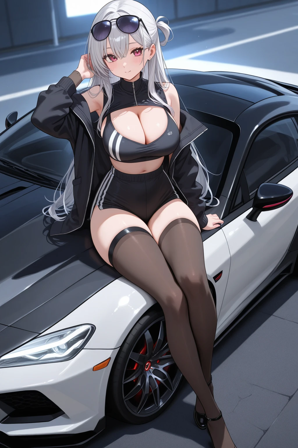 (((masterpiece))), ShizukaMikazuki, One Girl, alone, View your audience, Long Hair, Gray Hair, Long sleeve, Cleavage, ?????????????, clavicle, Jacket, ????????????, open Jacket, blue Jacket, Black hot pants,sports car, Play sports often, bicycle,blue eyes,Blur the background
