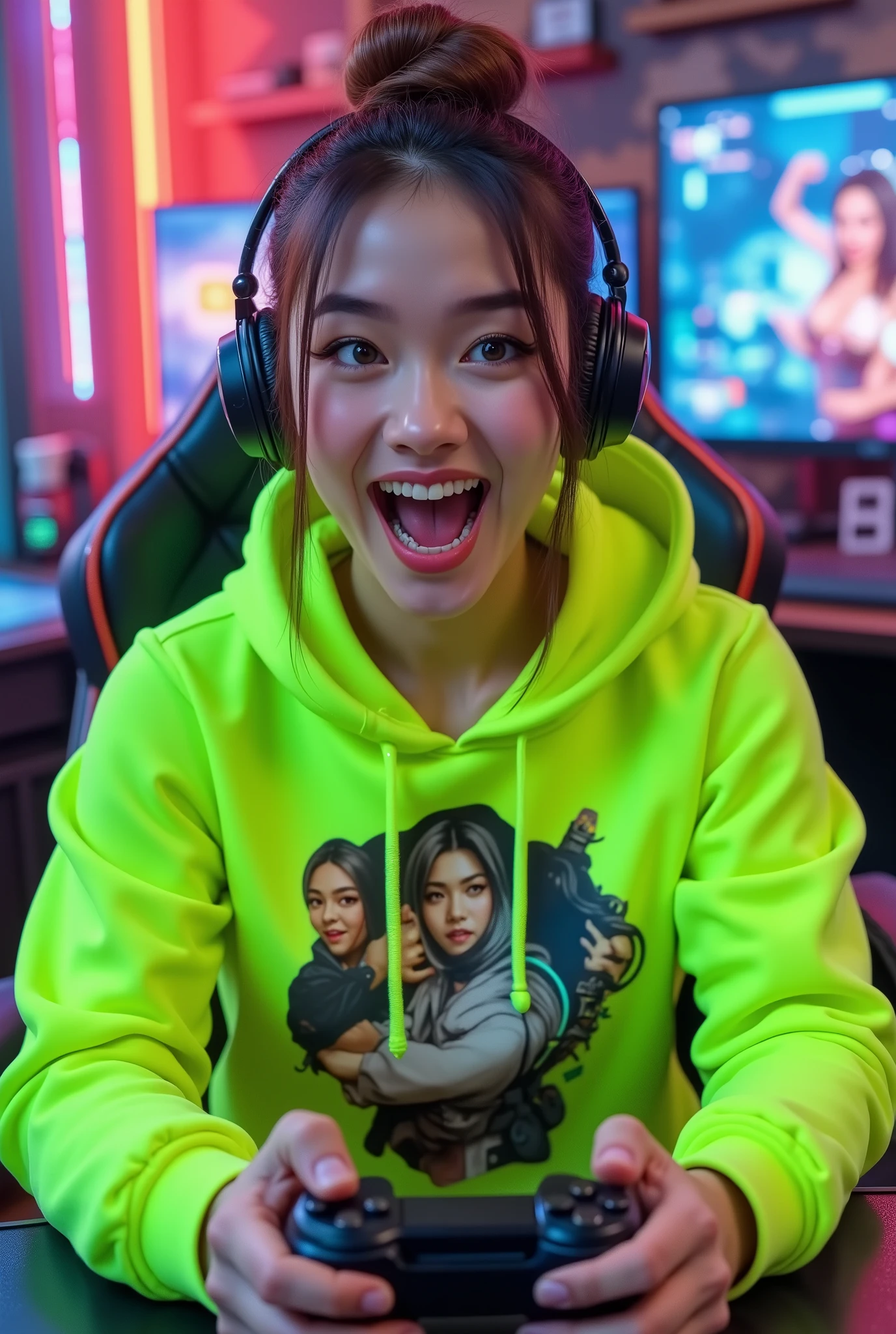 8k, MasterPiece, Top Quality, beautiful muscle woman, clear skin, gamer-themed cute flashy oversized hoodie, bright neon green, character print, headphones over casual updo hair, POV shot, playing video game together (viewer's hands on controller implied next to hers), she reacts excitedly to game, bursting into cheers, looking at viewer to share reaction, bright colorful game room lighting, close-up shot of her face and upper body.