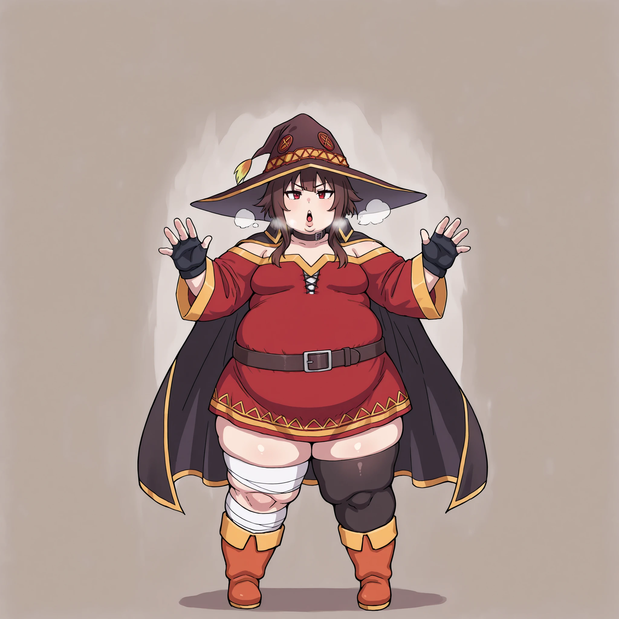 AEMegumindef, red eyes, Brown hair, Belt choker, red dress, off-shoulder dress, Black gloves, fingerless gloves, Belt, mismatched legwear, asymmetrical legwear, bandaged leg, black thighhighs, knee boots, hat, Black cape, small breasts, open mouth, out of breath, Larger female, full body shot, only head, large head, oversized limbs, large hands, large feet, oversized feet, oversized fingers, big lips, plump lips, fat face, fupa, big fupa, fat fupa, 