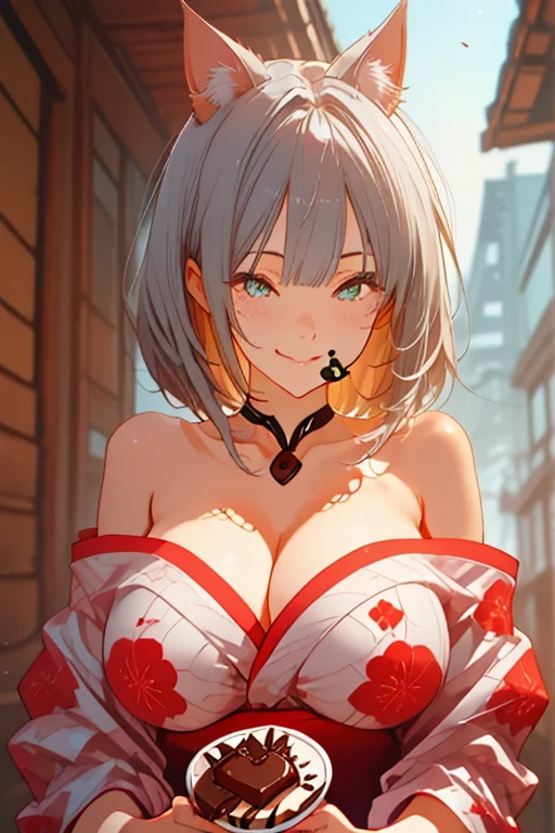 ((One personの女性)), Beautiful Face, ( smile),((Wink:1.9)),Laugh with your mouth wide open((Bright red cheeks:1.4)),Shiny red lips,night,rooftop,Festive decorations,You can see the ocean, Starry Sky,Laughing with your mouth open,Glossy pink lips, lighting,((Anime style background)),masterpiece, Highest quality, so beautiful,up to date, Complex details, (Pink long nails),(ring),(bracelet),(choker),AI-generated, Complex,High resolution, Highest quality, super high quality,3D Images、3D Images,One person,Long white hair,High Ponytail,(Pale eyes),Anime woman posing for a photo, ((Fine eyes、Silvery white colorful eyes、Shining Eyes:1.4)),(Squint your eyes:1.1),a hyperRealistic , hyperRealistic , Realistic,Anime woman with long white hair, Smooth anime CG art, A woman in a colorful kimono with gold embroidery, (Black long sleeve kimono),Red floral pattern,Long flower hair ornament,big floral earrings,Mature Body,(Big Breasts:1.1),expensive,Abdominal muscles,Tight waist,(Zoom up to face:1.7),Shooting from diagonally below