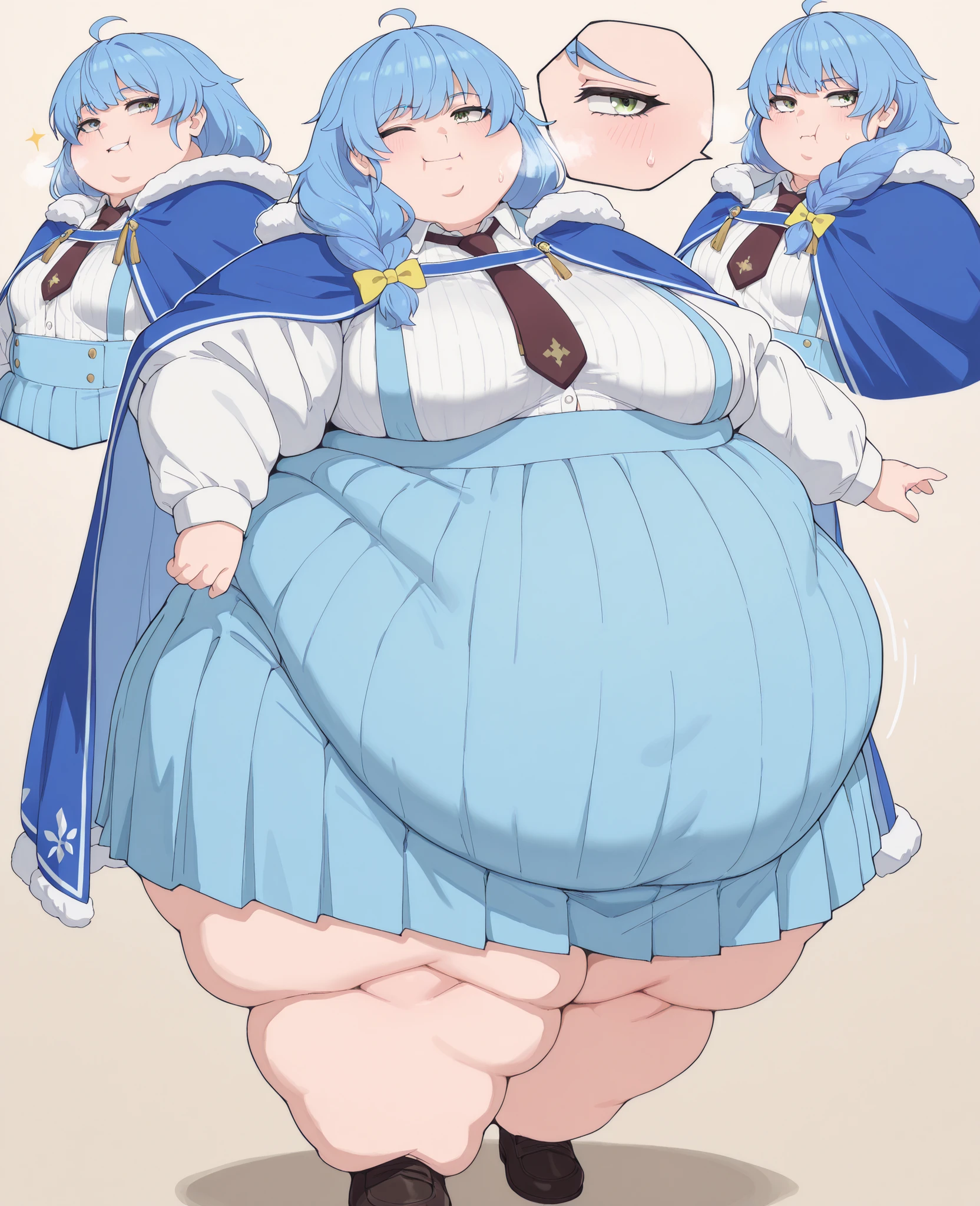 aparida rain, long hair, bangs, green eyes, blue hair, yellow eyes, braid, ahoge, hair bow, grey eyes, single braid, yellow bow, braided ponytail, mature female, small breasts, skirt, shirt, long sleeves, white shirt, pleated skirt, necktie, collared shirt, cape, blue skirt, fur trim, black necktie, high-waist skirt, suspender skirt, blue cape, fur-trimmed cape, mature female, small breasts, round face, breasts, plump,,,, ,chubby cheeks,masterpiece, best quality, female, overweight, blobface, chubby cheeks, morbidly obese, close up, 1 ton heavy, heavy breathing, half-closed eyes, one eye closed, squishing,  solo, immobile, fat rolls, fat folds, fat face, triple chin, one puffy cheeks, large chest, 1girl, solo, masterpiece, HD, best quality, extremely detailed, high resolution, highres,  quality, masterpiece, 8K image quality, wide face, smug, horny, in heat, hungry, (looking away, looking to side, side profile, head tilt) full body shot 