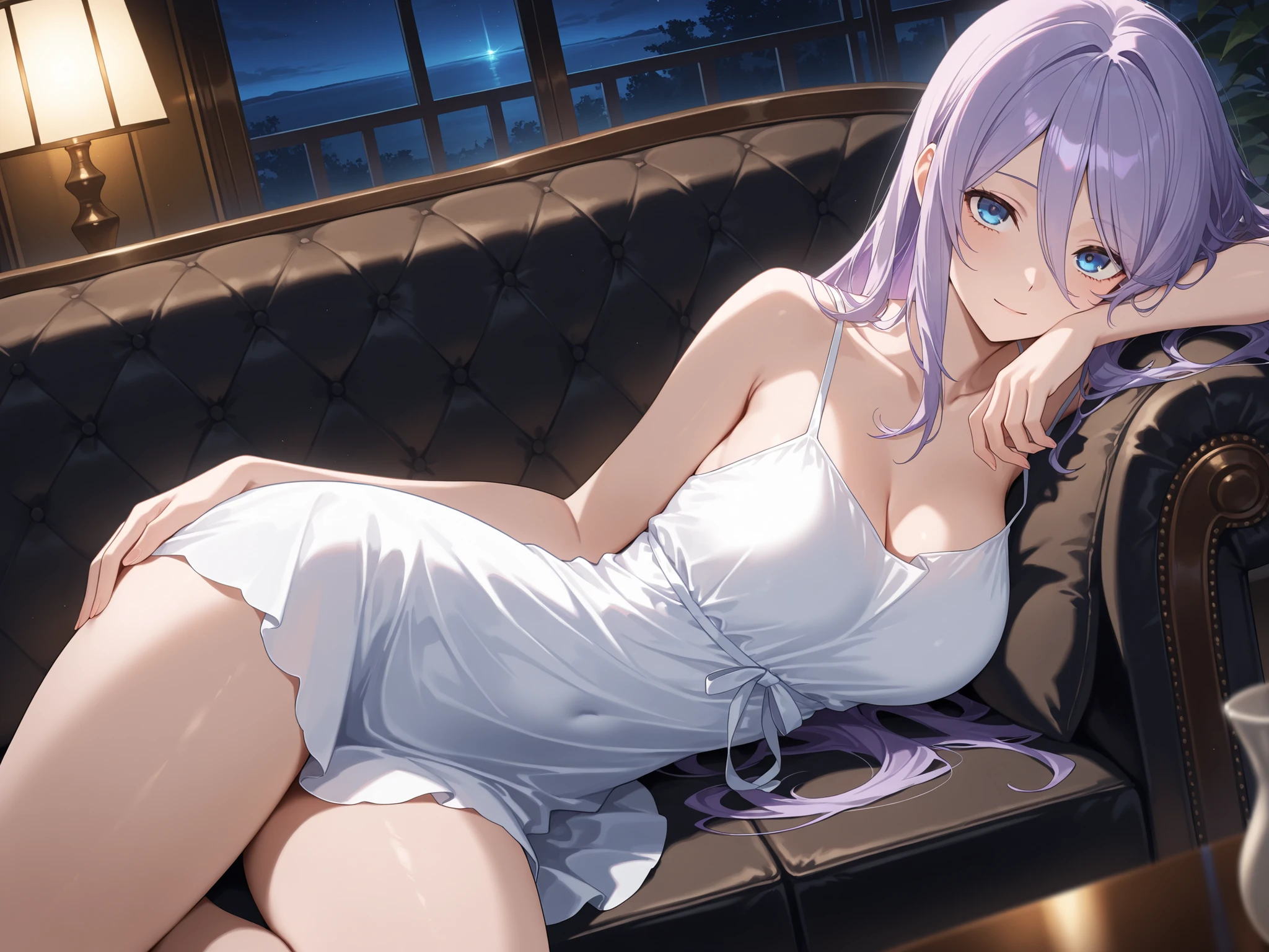masterpiece,best quality,highre,ultra-detailed,detailed illustration,source_anime,1girl,solo,slender,Shizuru,purple hair, long hair,blue eyes,highly detailed eyes,hair between eyes,
collarbone,dim lighting,twisted torso, thighs, lying on luxury long sofa, head on arm,table,blurry foreground, indoors, night, from side, closed mouth,light smile,detailed white sundress,hand on own thigh,looking at viewer,upturned eyes,from above