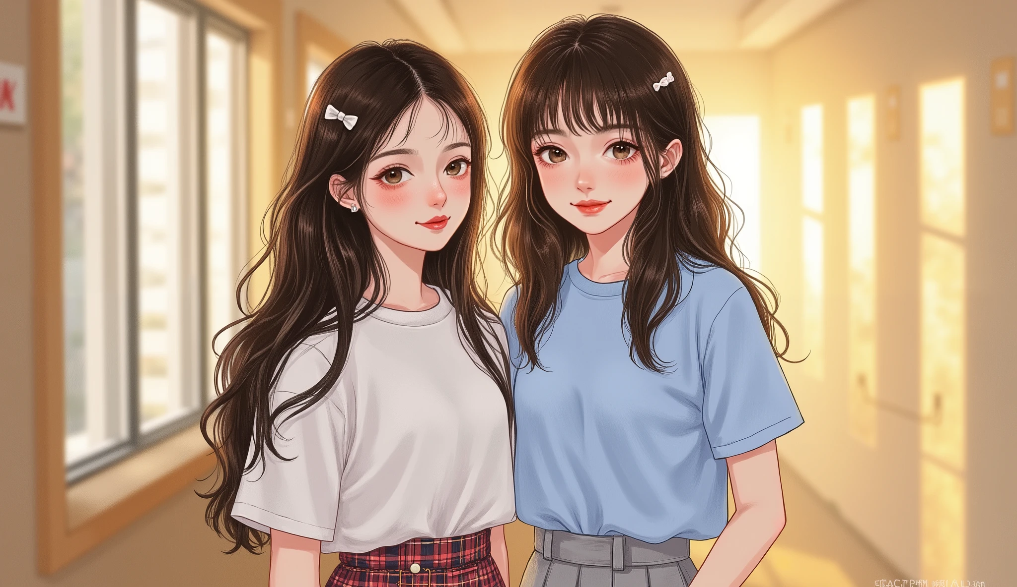 two 18-year-old girls standing together in a high school hallway, semi-realistic manhwa style, medium close-up portrait from chest up, both looking directly at the camera with clear detailed facial features, calm gentle expressions, not posing.
Sharp focus on faces, soft depth of field background.
The first girl has long straight black hair, fair smooth skin, natural Douyin-style makeup with soft blush and glossy lips, wearing a white school shirt and plaid skirt.
The second girl has shoulder-length brown hair with bangs, delicate Douyin makeup, wearing a light blue uniform top and gray skirt.
Background: softly blurred high school hallway with sunlight streaming through windows, golden afternoon light gently illuminating their faces.
High-quality detailed illustration, soft cinematic lighting, warm youthful manhwa aesthetic.