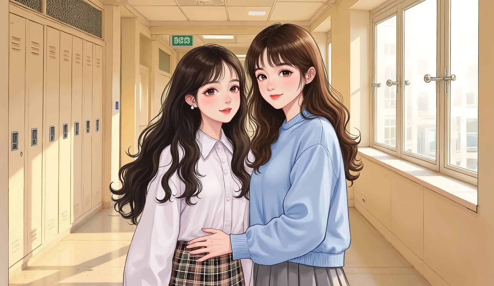 two 18-year-old girls standing together in a high school hallway, semi-realistic manhwa style, close-up waist-up portrait, both looking directly at the camera with soft gentle expressions, not posing.
The first girl has long straight black hair, fair skin, soft Douyin-style makeup with natural blush and glossy lips, wearing a neat white school shirt and plaid skirt, calm and elegant demeanor.
The second girl has shoulder-length brown hair with bangs, delicate Douyin makeup, wearing a light blue uniform top and gray skirt, smiling softly.
Background: bright high school hallway with lockers and windows, golden afternoon sunlight streaming through, soft warm light illuminating their faces.
High-quality detailed illustration, clear and refined facial features, semi-realistic manhwa style, warm youthful yet graceful atmosphere.