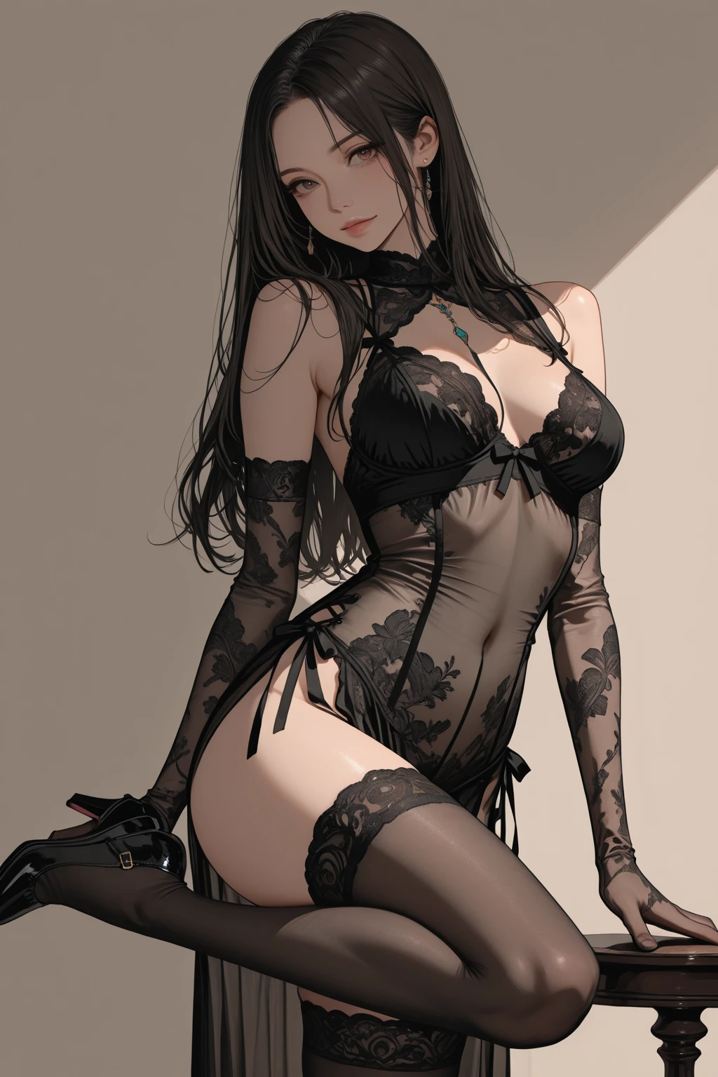 （best quality，masterpiece：1.2，detailed details，4k），A dim old apartment, a small birthday cake on an old wooden table, a modern apartment, an alarm clock on the wall, an anime scene,
A girl with modern gothic makeup, fair skin, modern clothes, black eyeshadow, a tank top, a sexy body, earrings and lip studs, fishnet stockings, posing in an attractive pose, kneeling on the wooden floor, a loving expression
Upward shot