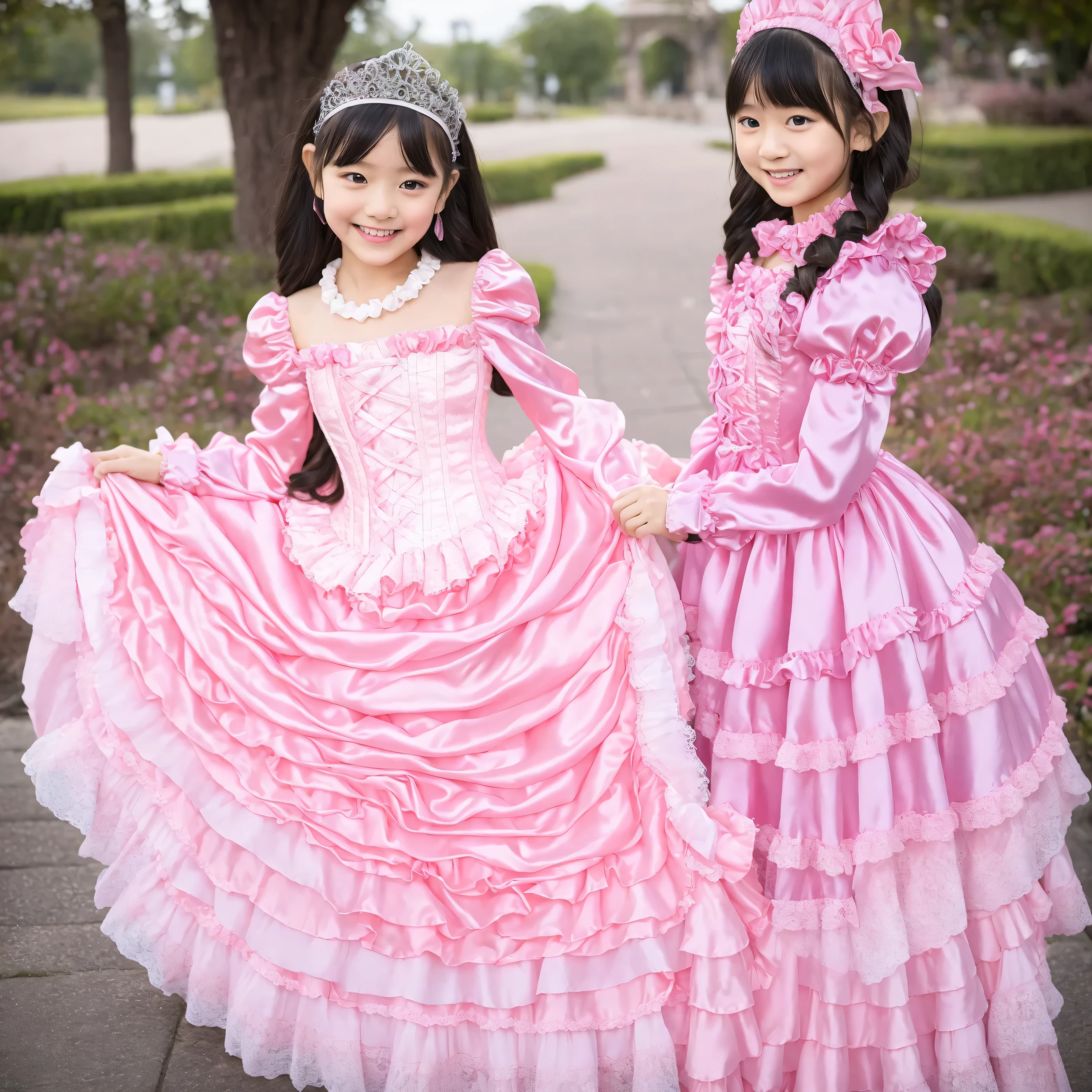 full body,Princess Girl Who Grabbed My Collar,10 years old,((pink silk satin princess dress, hoop skirt 付きpink silk satin princess dress, hoop skirt 付きpink silk satin princess dress with large ruffle yoke collar,Puff Sleeve to Wear on Her Stomach,long sleeve, ruffle sleeve ,Lace Up Corset,Full Length Ball Gown Dress,  hoop skirt  :1.0)),solo,Natural smile,long hair,