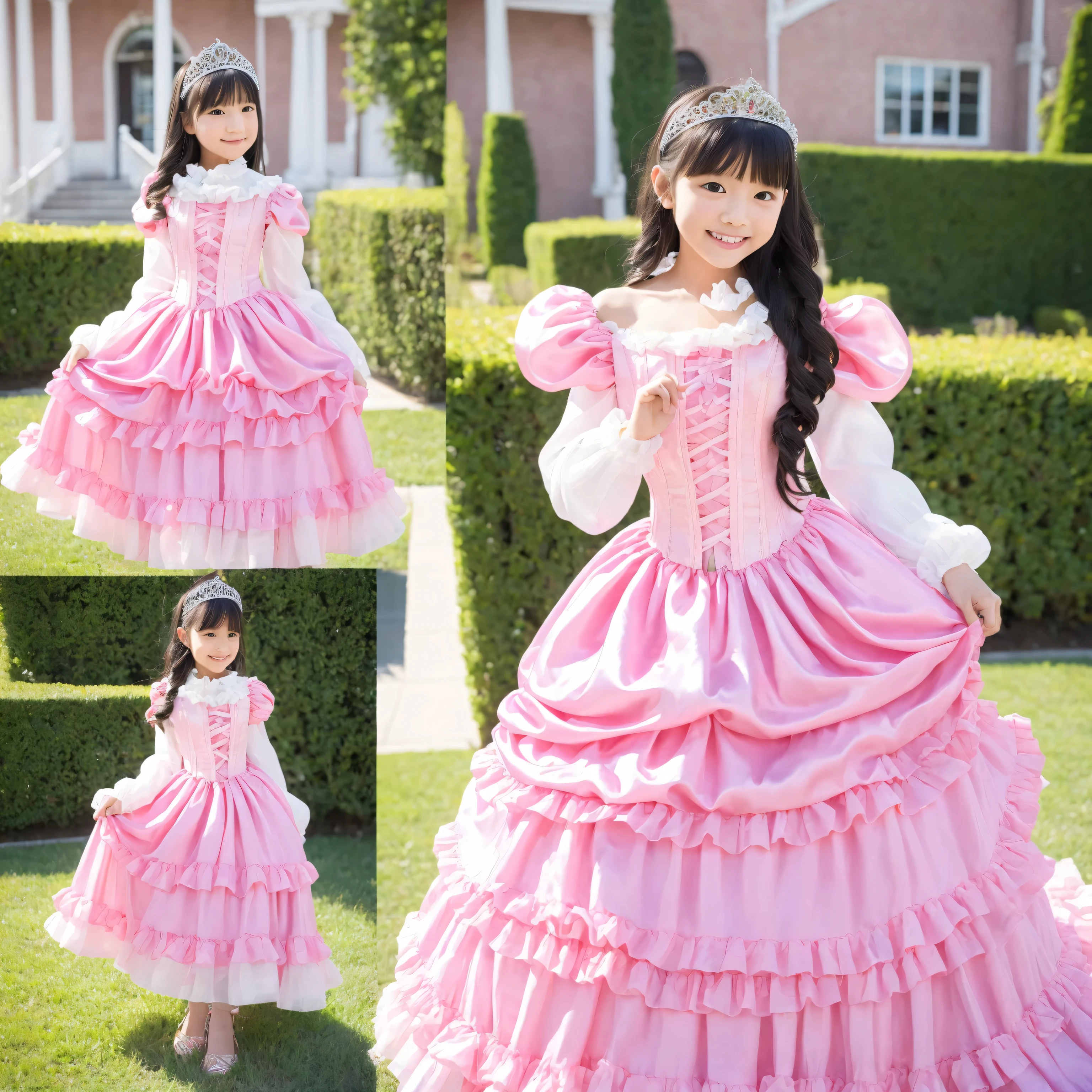full body,Princess Girl Who Grabbed My Collar,10 years old,((pink silk satin princess dress, hoop skirt 付きpink silk satin princess dress, hoop skirt 付きpink silk satin princess dress with large ruffle yoke collar,Puff Sleeve to Wear on Her Stomach,long sleeve, ruffle sleeve ,Lace Up Corset,Full Length Ball Gown Dress,  hoop skirt  :1.0)),solo,Natural smile,long hair,