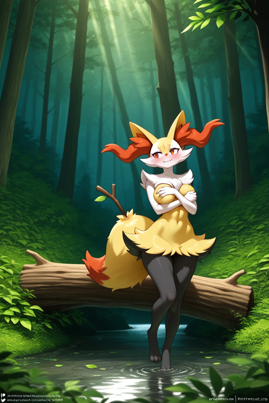 e621,by matra_usagi,  standing,standing in water,(standing in water:1.3),water level up to thighs level , sexy posting,Full body shot,(masterpiece), (best quality), (((adult furry, age 30, (tall women:1.6), (anthro furry:1.3, snout:1.2, anthro:1.3, furry:1.2, solo female), (extremely detailed eyes),sharp eye,animal eyes, (extremely detailed:1.3), (extremely detailed hands), (extremely detailed mouth), (athletic figure, lithe figure), (slim body), (breasts), (small thighs), (small butt), perfect posture,Delphox ,animal fangs,sharp fangs, happy expression, perspective, sweat, steam,smog, smoggy, smoky, hazy, curvature, totally blushed,fog forest background, forest background,night time,bedroom eyes, clean, crisp, cinematic,half-closed eyes,full moon