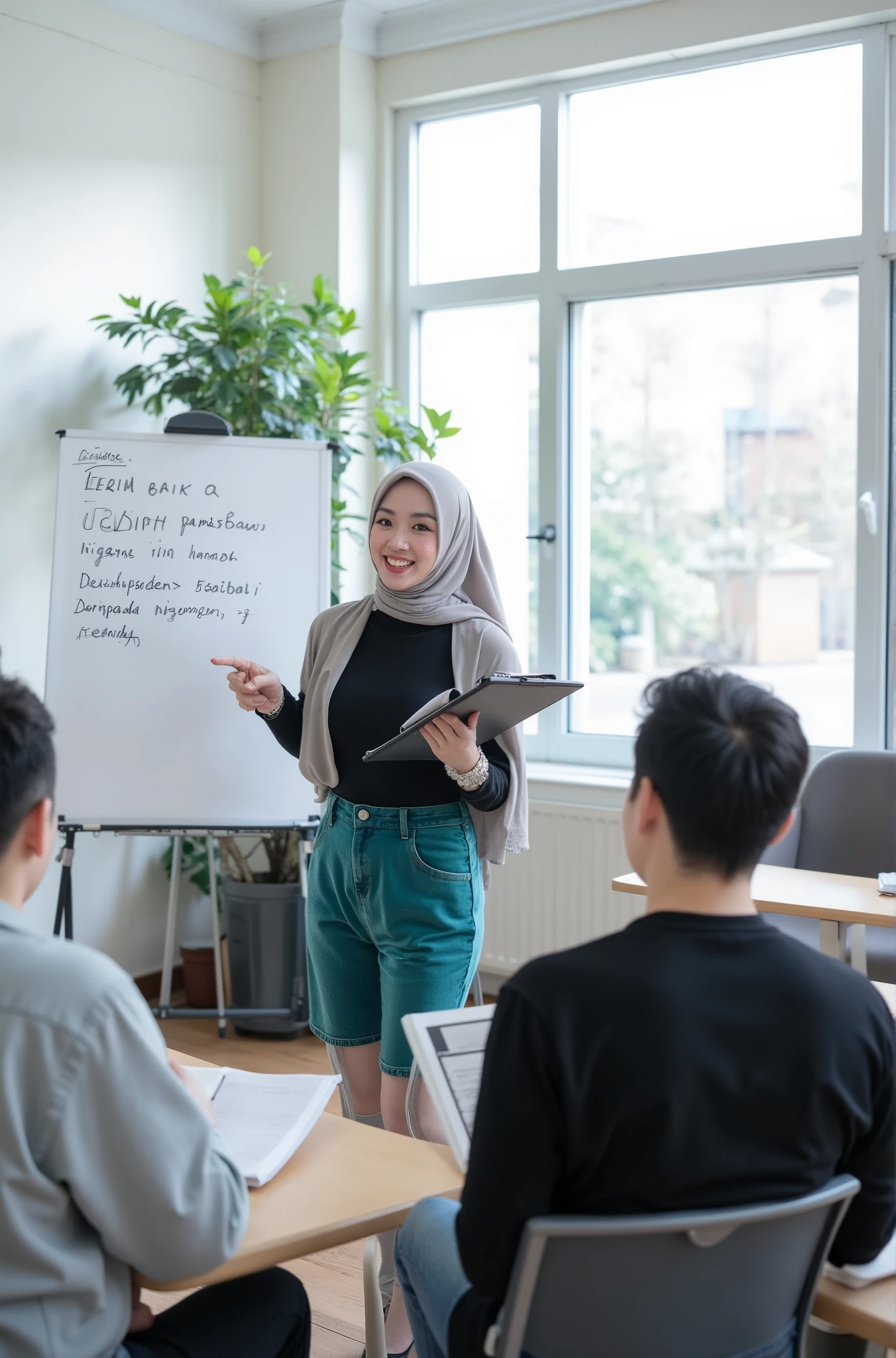 A high-quality, realistic 4K image of a modern classroom scene featuring a female instructor teaching adult students. The instructor is a young woman with large breast wearing long hijab, Top: Fitted black knit tank top.
Bottom: Emerald-green velvet shorts.. She holds a clipboard in one hand while pointing at a whiteboard with handwritten English grammar notes on irregular verbs, such as "lebih baik pinter baca" and "daripada pinter ngomong" She has a confident and friendly expression, engaging with her students. The students, dressed in casual clothing, are seated in a semi-circle, attentively listening and taking notes in their notebooks. The classroom is bright and modern, with large windows allowing natural daylight to enhance the learning environment. The atmosphere is professional, interactive, and engaging, creating an ideal educational setting.