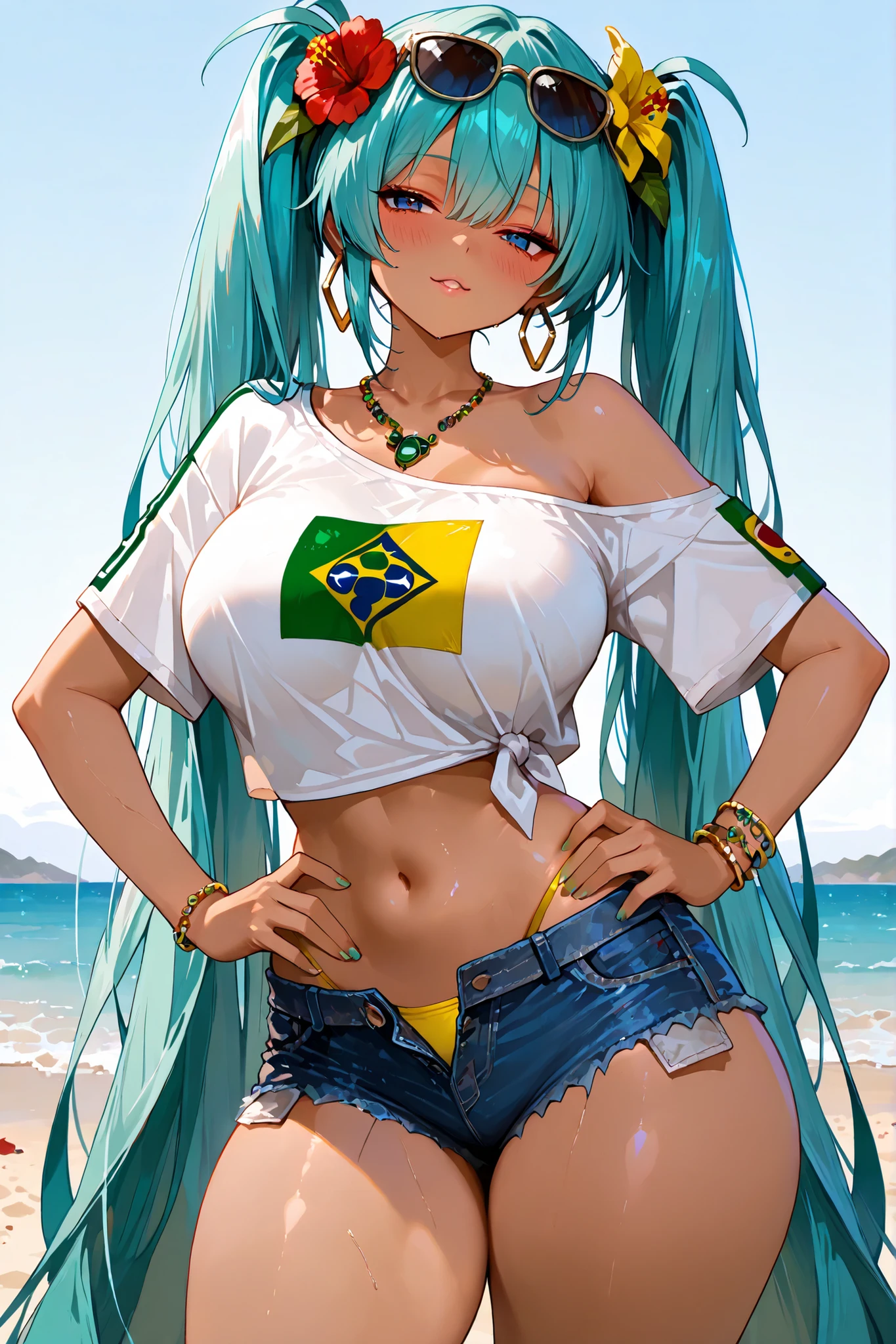 ,8k wallpaper , semi realistic ,、 best quality 、Masterpiece、 748cm style 、large breast , thick thighs , cute face, beautiful,Female 1 person,1 girl , solo,miku_br, blue eyes, aqua hair, absurdly long hair, twintails, dark skin, hair flower ornament, hoop earrings, sunglasses, eyewear on head,yellow shirt, single bare shoulder, short sleeves, midriff, brazil flag print, panty strands , denim shorts, open shorts, bracelet, necklace 、beach Background 、 simple background 、seductive posing , in a sexy and seductive pose , cute pose, standing , one hand on own hip , seductive eyes, blush, view from the front