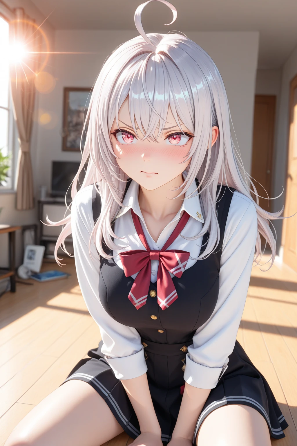 White Hair Girl、Pink Eyes、Short Hair、Only one girl、Night、In the bedroom、Blushing、laughing、Excited、Just One