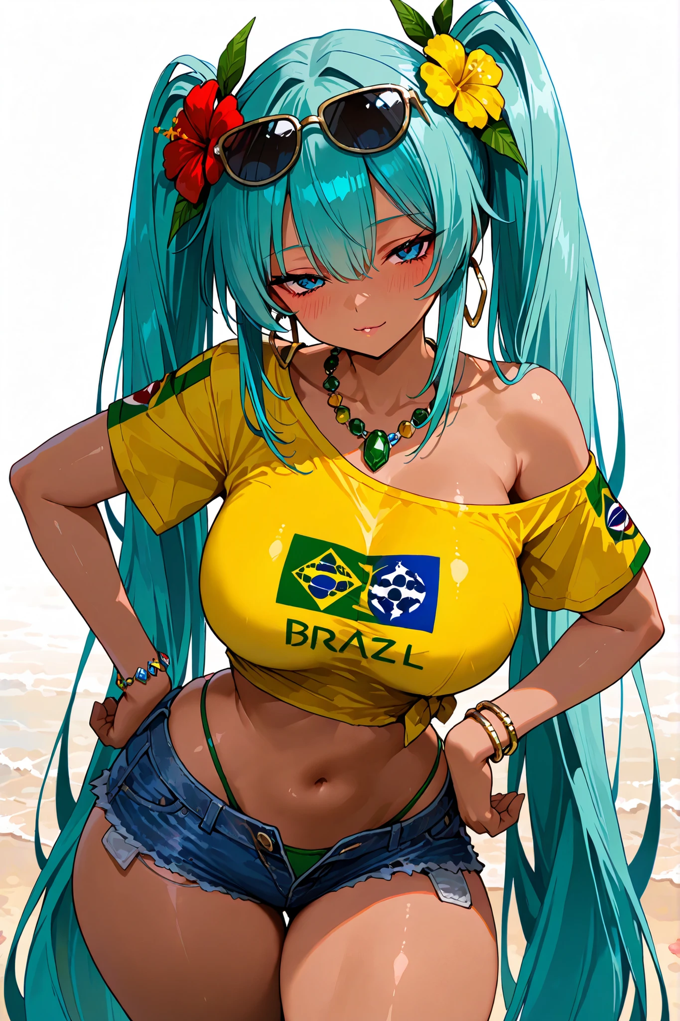 ,8k wallpaper , anime screen cap ,、 best quality 、Masterpiece、 748cm style 、large breast , thick thighs , cute face, beautiful,Female 1 person,1 girl , solo,miku_br, blue eyes, aqua hair, absurdly long hair, twintails, dark skin, hair flower ornament, hoop earrings, sunglasses, eyewear on head,yellow shirt, single bare shoulder, short sleeves, midriff, brazil flag print, panty strands , denim shorts, open shorts, bracelet, necklace 、beach Background 、 simple background 、seductive posing , in a sexy and seductive pose , cute pose, standing , one hand on own hip , seductive eyes, blush, view from the front