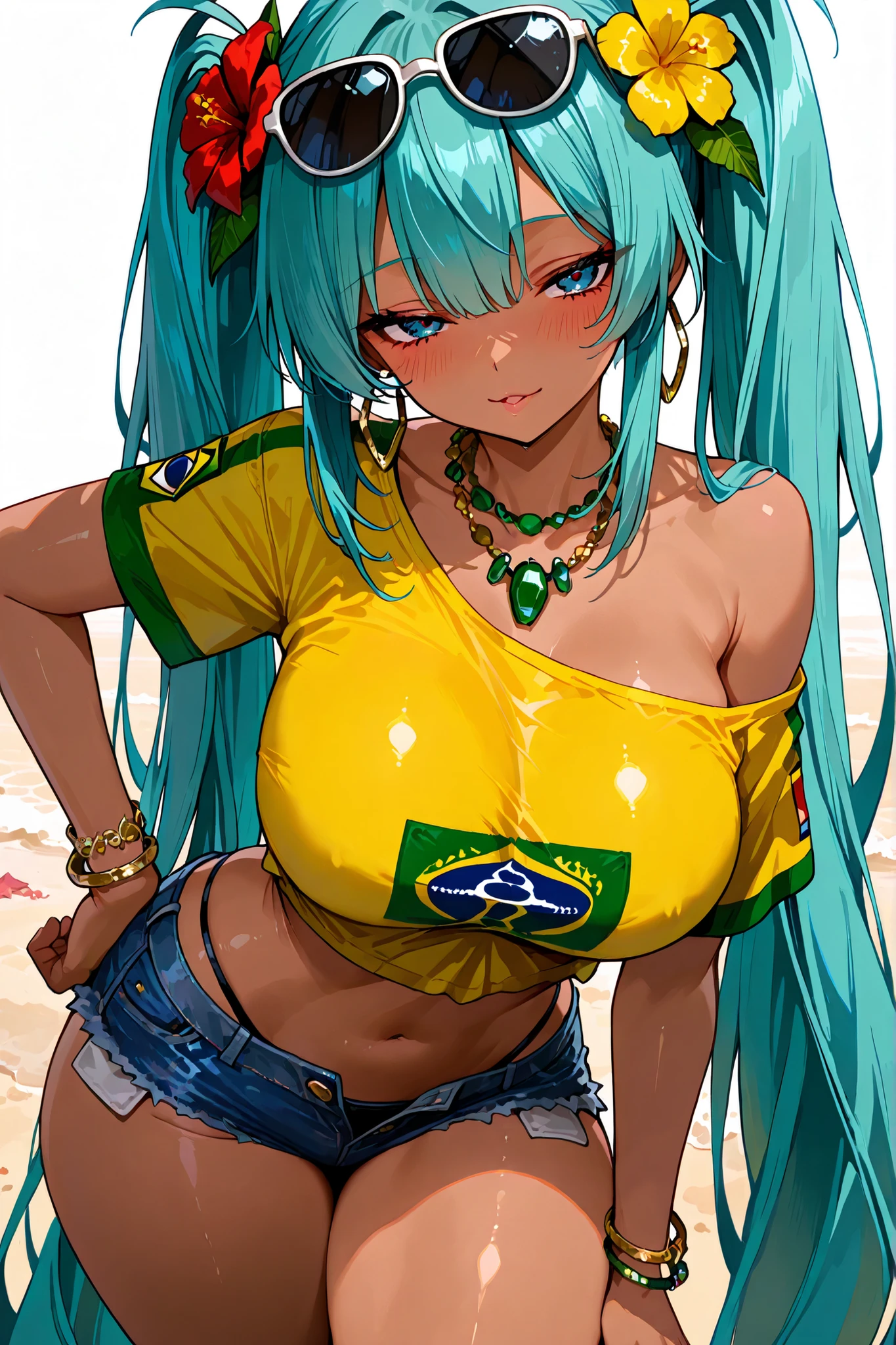 ,8k wallpaper , anime screen cap ,、 best quality 、Masterpiece、 748cm style 、large breast , thick thighs , cute face, beautiful,Female 1 person,1 girl , solo,miku_br, blue eyes, aqua hair, absurdly long hair, twintails, dark skin, hair flower ornament, hoop earrings, sunglasses, eyewear on head,yellow shirt, single bare shoulder, short sleeves, midriff, brazil flag print, panty strands , denim shorts, open shorts, bracelet, necklace 、beach Background 、 simple background 、seductive posing , in a sexy and seductive pose , cute pose, standing , one hand on own hip , seductive eyes, blush, view from the front