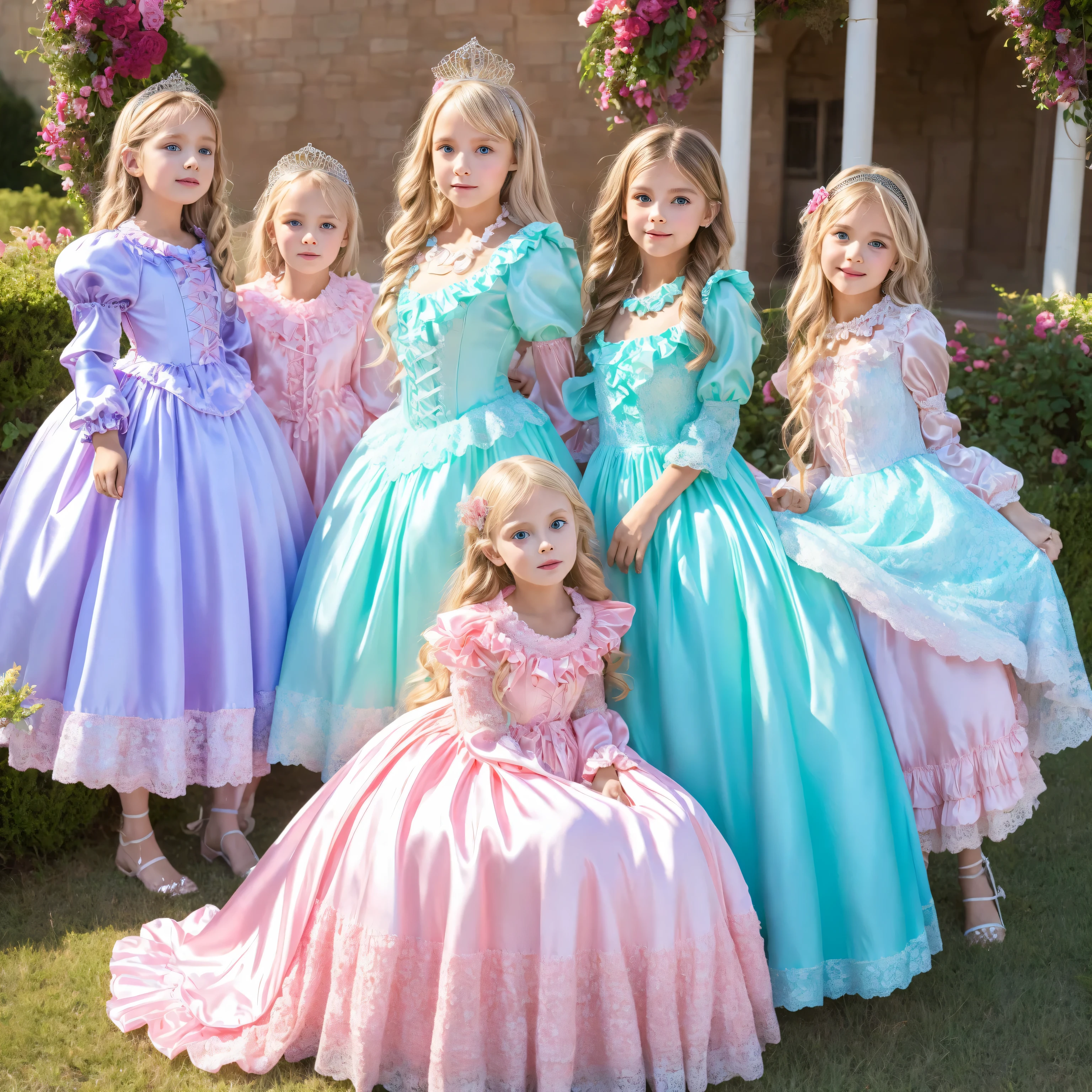 3 European Girls,10 years old,Blonde long hair, blue eyes,full body,The princess's girl,,((Pastel Colored Silk Satin Princess Dress,pink silk satin princess dress with large ruffle yoke collar,puff sleeve to put on your stomach,Long Sleeves,ruffle sleeve,lace-up corset,full length ball gown dress with wide spread out to the side,Rococo Style Hoop Skirt:1.0)),