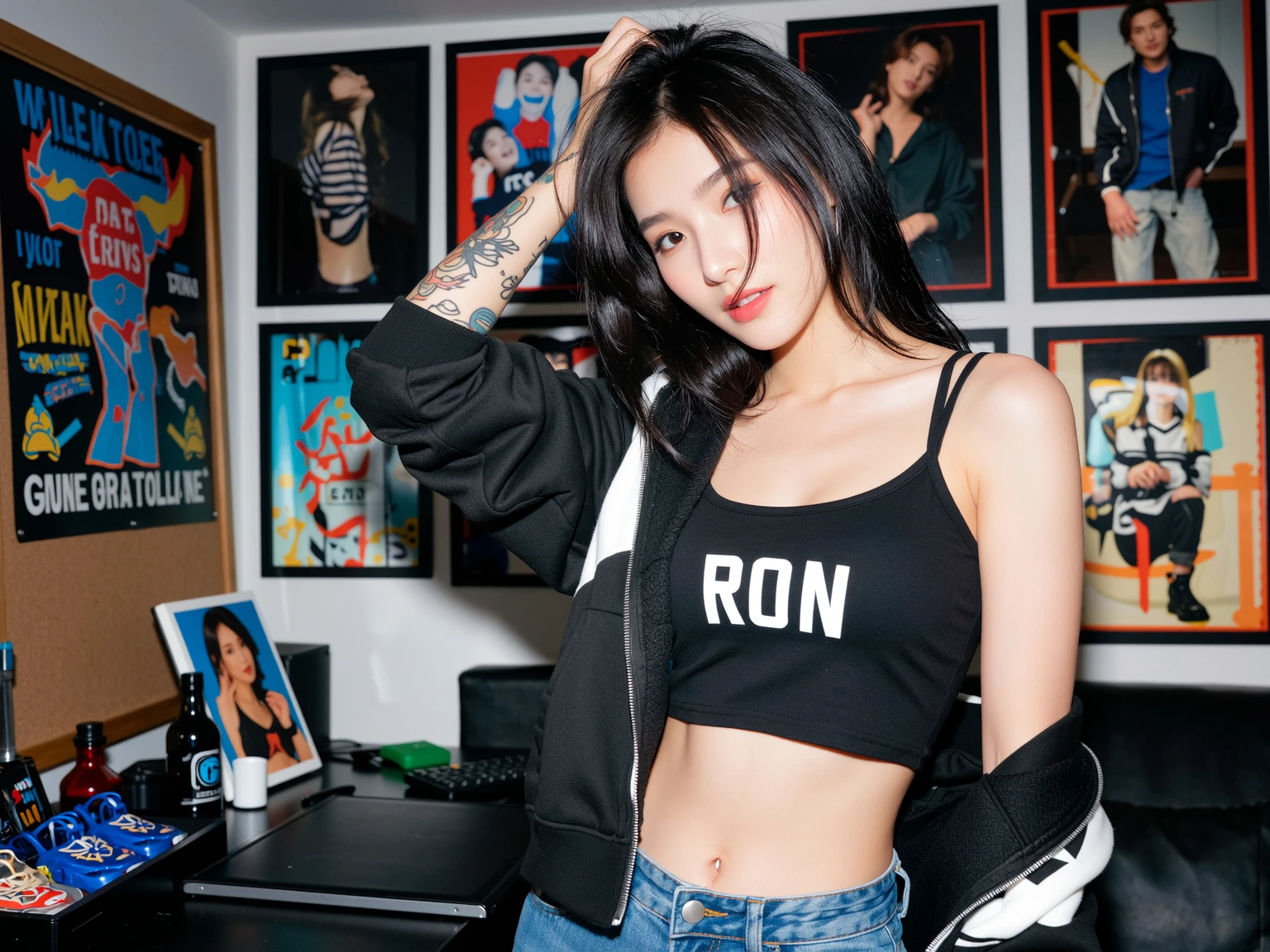 (best quality, 8k, masterpiece: 1.3) Magazine cover style, teenage woman, smile, (Dark eyeliner: 1.5), severe dark circles, red cheek touch, choker necklace，fashion magazine background，bold pose, hippie style hair, (huge : 1.4), (thick thighs: 1.1), Black leggings, developed muscles, Abs, 여유로운 smile