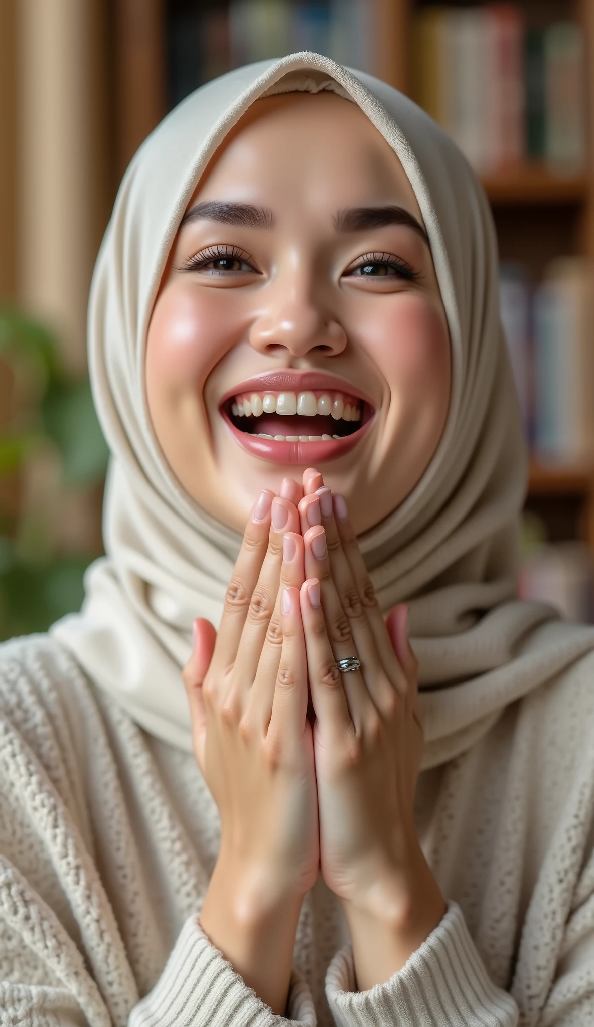 a girl wearing a hijab laughing with a cheerful expression. She said, showing genuine happiness, while covering her mouth, as if holding back the laughter that was about to break out. Her face looks warm and full of life, with the natural lighting making it shine even more. Her hijab is neatly in place and frames her face gracefully. The background is soft and blurry, ensuring that the focus remains on her happy expression. The whole image exudes a cheerful and comfortable atmosphere realistis 4k deail.