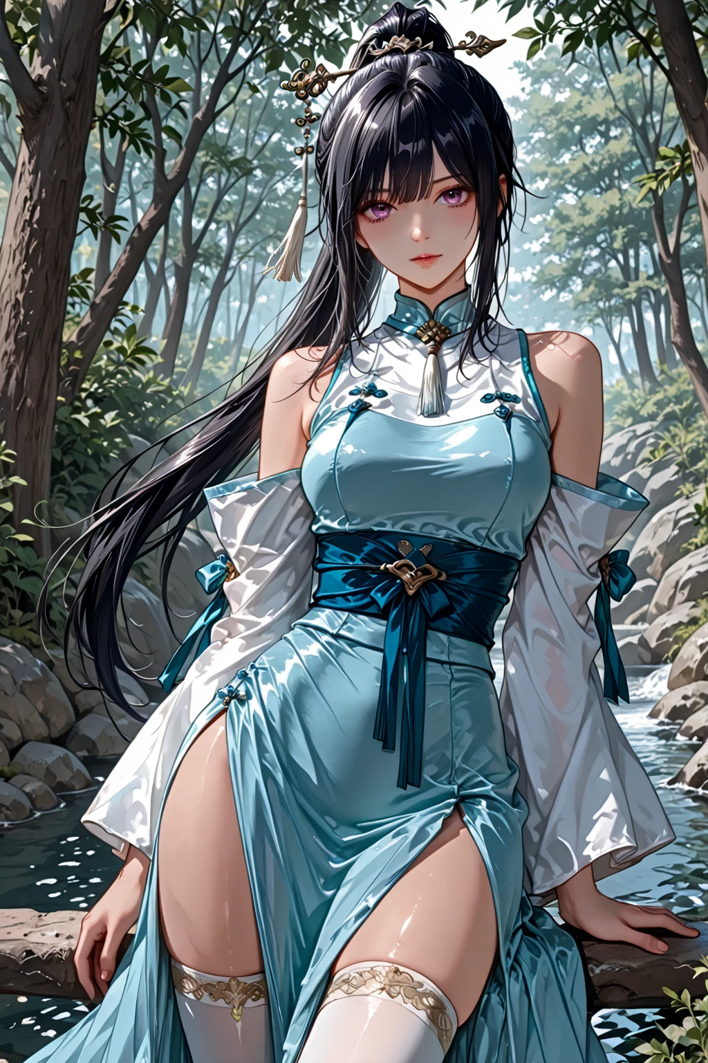 (Masterpiece, Best quality, high resolucion) 1 waterbender with long black hair and blue eyes in an action pose looks ready to face his opponent. Elle porte un hanfu blanc bleu, Golden bracelets. She is determined and uses her powers. Eau flottante, Particules, Chinese Forest Lake, monde fantastique, standing in the middle of the image