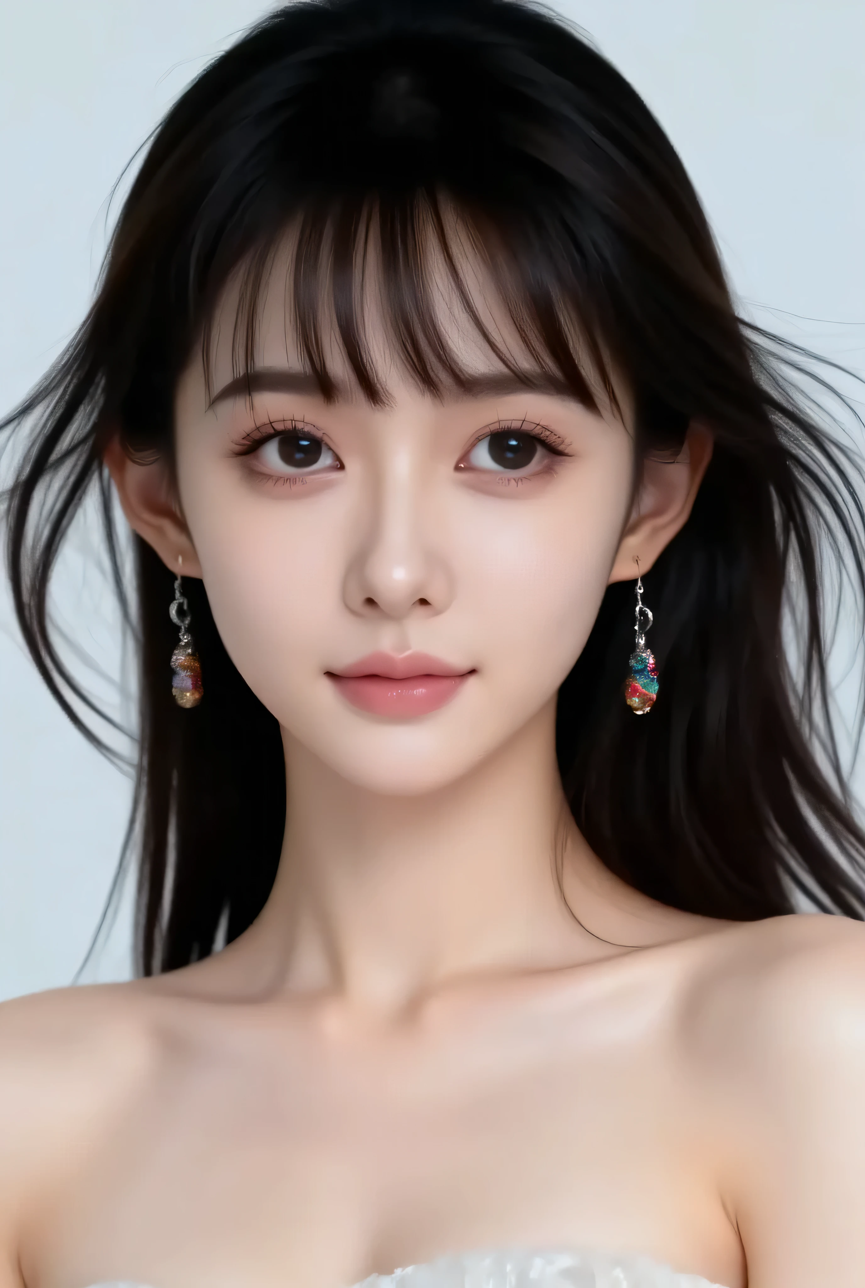 long , Uber-black fluffy hair shines with shine, Reflective. Thin hair shape, Adds elegant volume. Soft Hairstyle, Light Skin , ,[X} indicates the person may be wearing sleeveless clothing. Lightweight Fabric,te[Xture looks smooth, ,decorated with color Colorful patterns and sophisticated design, Adds fun and elegance to the outfit. Off the shoulder visible earrings, E[Xquisite detail,Hanging element, Add a stylish look. soft light, accent te[Xture and contour, creates a warm, Warm atmosphere. obscures any further facial e[Xpressions or features, ,draw attention to the striking details of clothing and hairstyles.