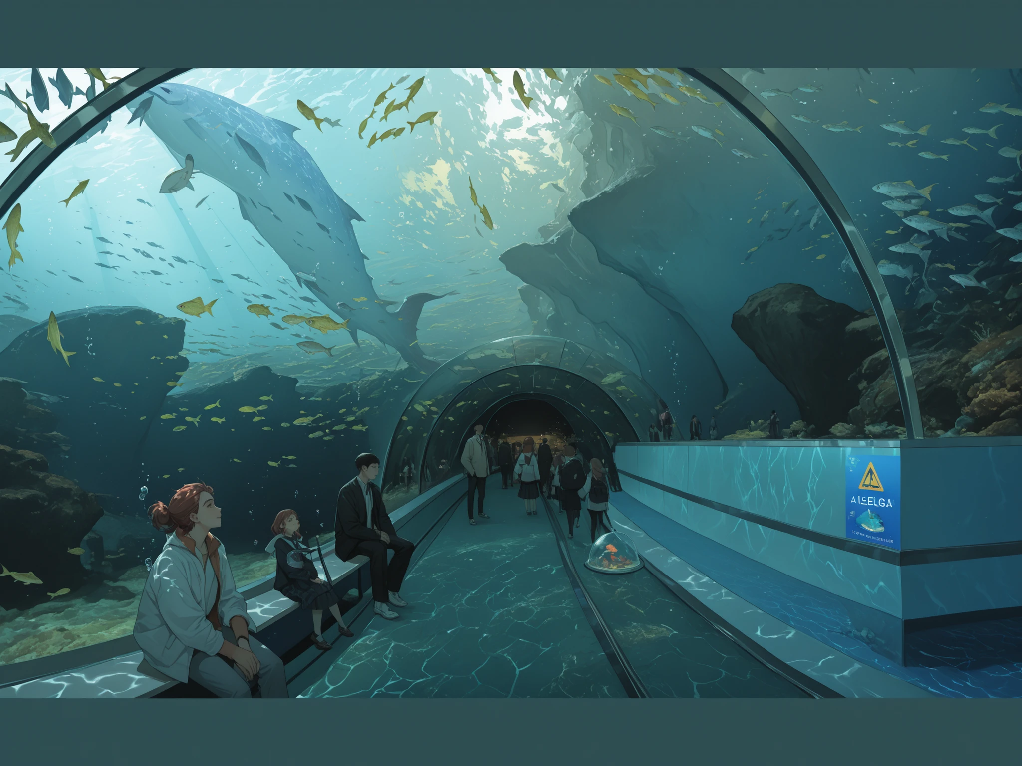 benches in a tunnel with fish swimming, big aquarium, okinawa churaumi aquarium, aquarium, the photo shows a large, aisles of aquariums, a huge glass tank, inside an underwater train, amazing depth, incredible depth, underwater world, under glass dome, under water scenery, mega, underwater market, undersea temple with fish, Inside an expansive aquarium tunnel, people gathered along the length of a glass walkway. Above them, schools of vibrant yellow and green fish swim gracefully, illuminated by the dappled sunlight streaming through the water, creating a serene and magical atmosphere. The tunnel curves gently, guiding visitors underneath the swimming marine life. A rocky outcrop is visible on the right, enhancing the natural underwater setting. Visitors, diverse in age and background, are seating or strolling leisurely, enamored by the aquatic spectacle. On the left, a section of the tunnel is dedicated to viewing, where a man and child rest, absorbed in watching the aquatic display. The mood is one of wonder and exploration, encapsulated by the sign warning of the ride's end, creating a transition between this watery realm and the rest of the facility. Alone, background, no people