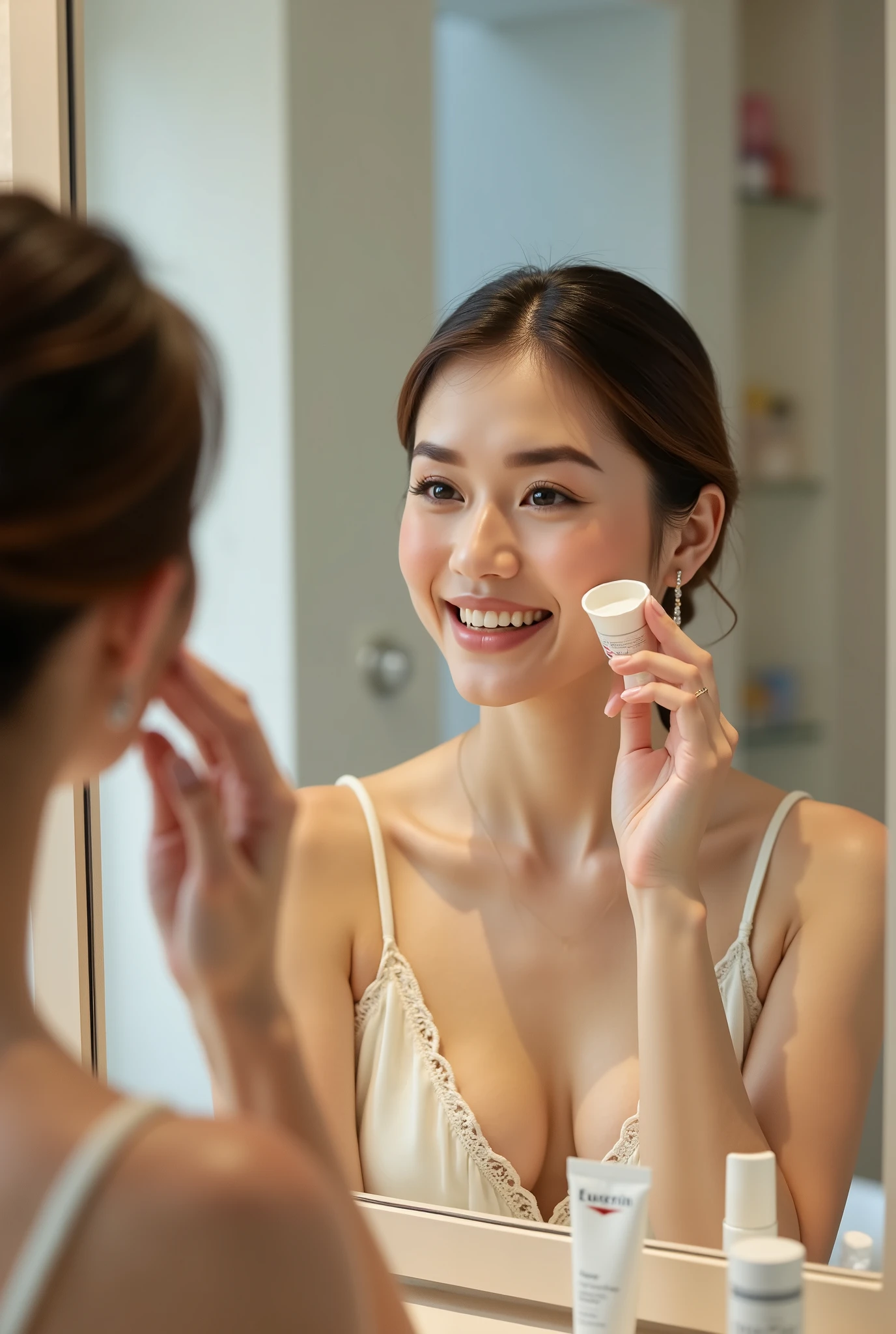 Woman applying Eucerin sunscreen in front of a mirror and smiling, place my logo on the image