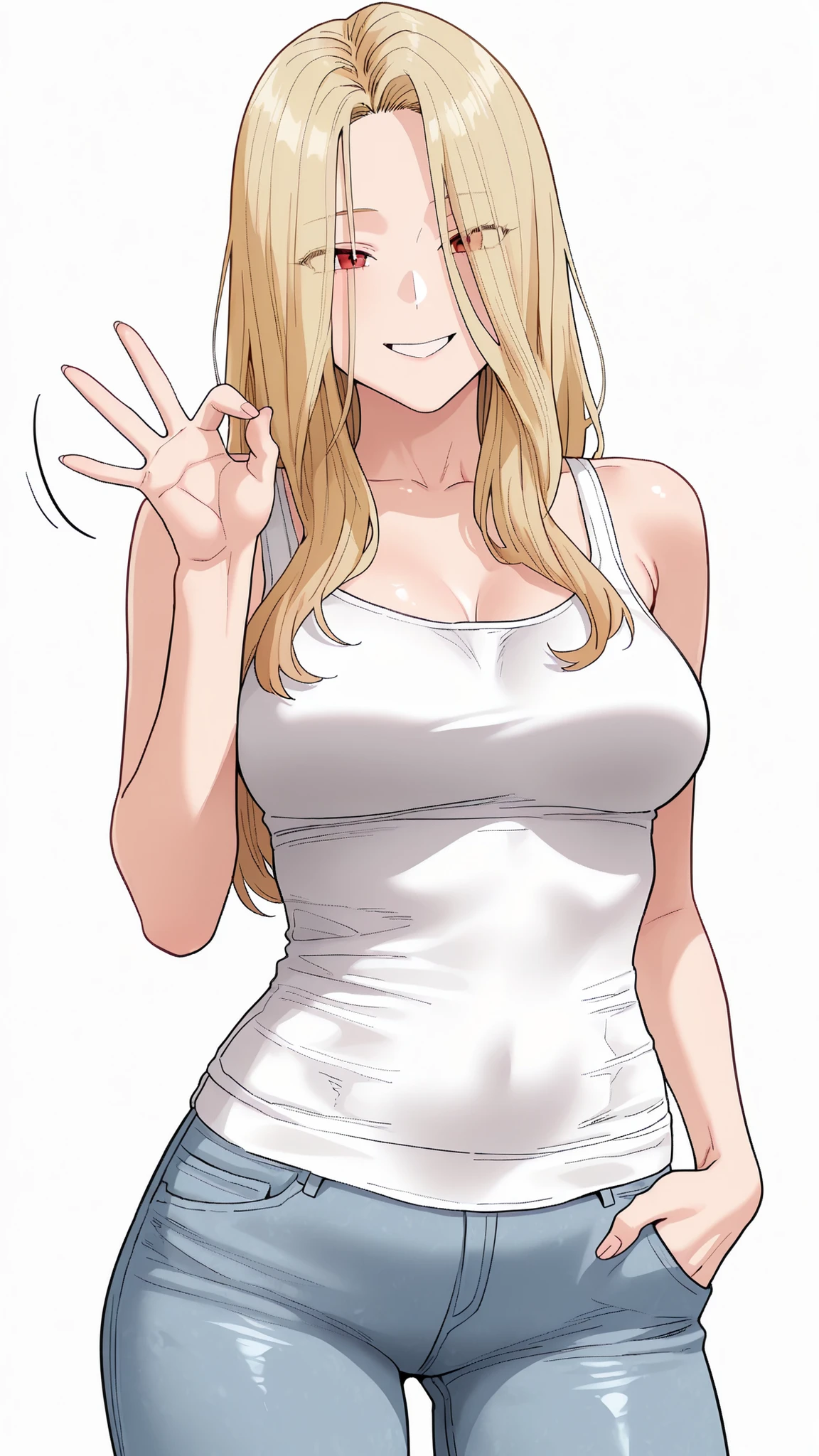 (masterpiece, very aesthetic, absurdres, expressive, perfect face, cartoon style, solo,)
(white background:0.9),
(sexy milf with long blonde hair over face red eyes and medium breasts, very detailed artwork, wearing white tanktop, tight jeans, hair over face, wide happy smile, stands straight, one hand in pockets, greeting gesture, cheerful expression:1.0),