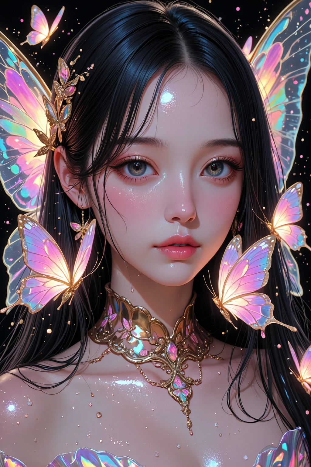 4K Ultra HD, Masterpiece, a young woman, good face, Detailed eyes, detailed lips, Flower Fairy, big wings, clear wings, neon light, (Galaxy Background:1.5), (Flower dress:1.8), (Indigo set:1.5), In heaven, sit,