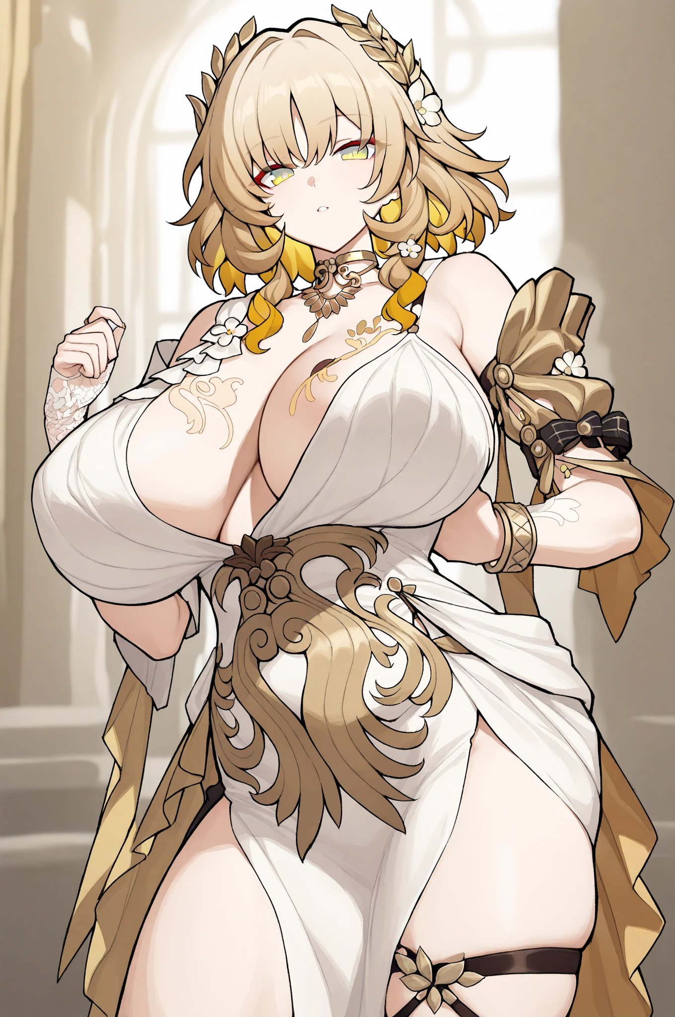 masterpiece:1.2, (best quality), realistic, (real picture, intricate details, depth of field), (1girl, 独奏), make up, parted lips, highly-detailed, perfect face,
(????????????:1.8), (?????????????), thick thighs, wide ????, attractive waist, tall, glossy coral lips, moderate musculature, toned abdomen, beautiful navel, 
(long honey blond hairs:1.2), (beautiful bright coral orange eyes), Beautiful woman with big exposed ????? shaking　Large ??????　????? ???????????????　?????　Completely ?????　Updo　Super huge ????? ????, blushing, Massive Cleavage, Disproportional , hanging ???????, Queen, tiara, horns,