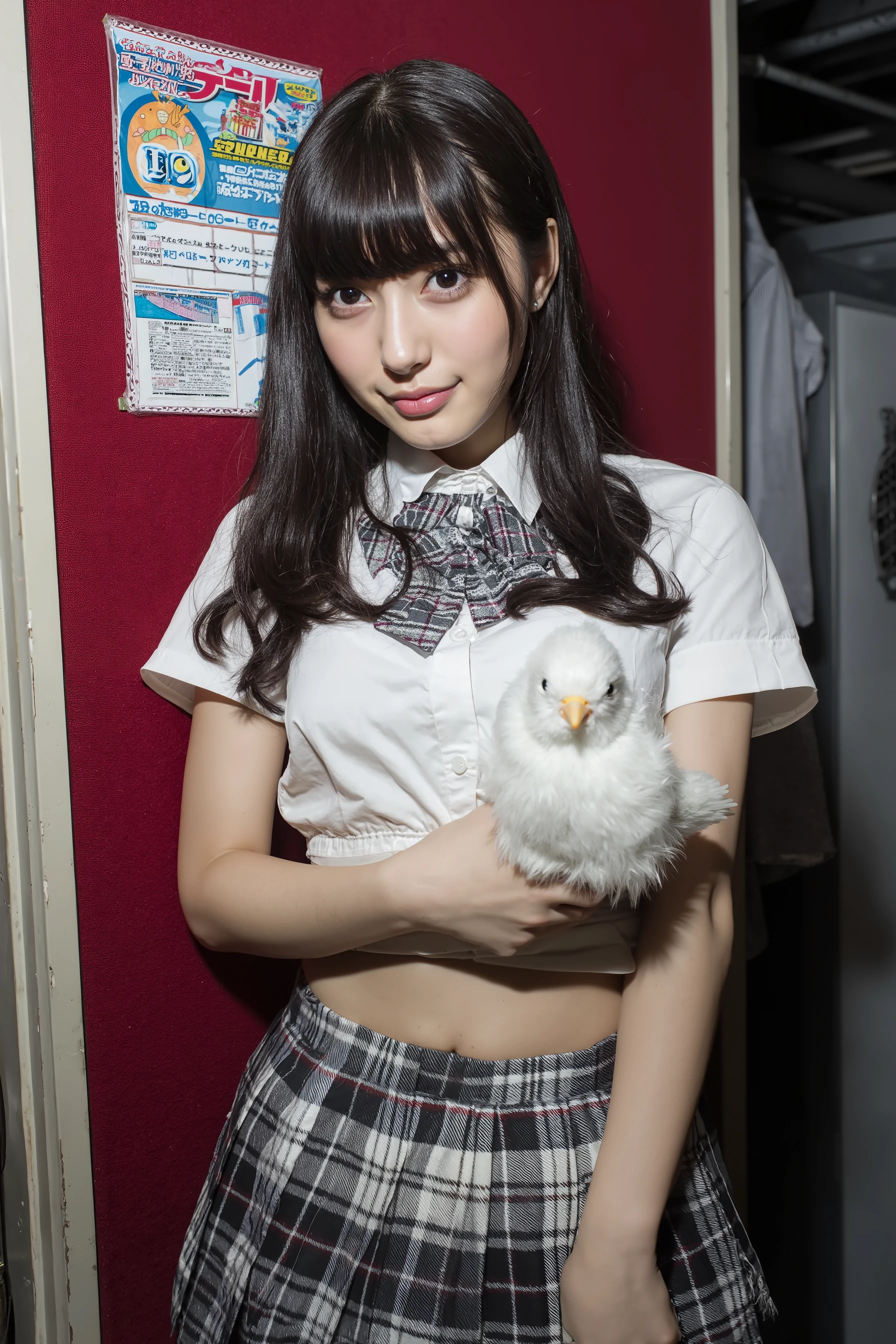 Japanese high school girl、dark haired、Wearing a short-sleeved shirt、The、shirt with a ribbon around the neck is unbuttoned and the navel is visible、wearing a plaid skirt with a ribbon around her neck、I'm wearing white socks、holding a stuffed bird from Twitter、standing in the karaoke box room、smiling slightly and facing the camera