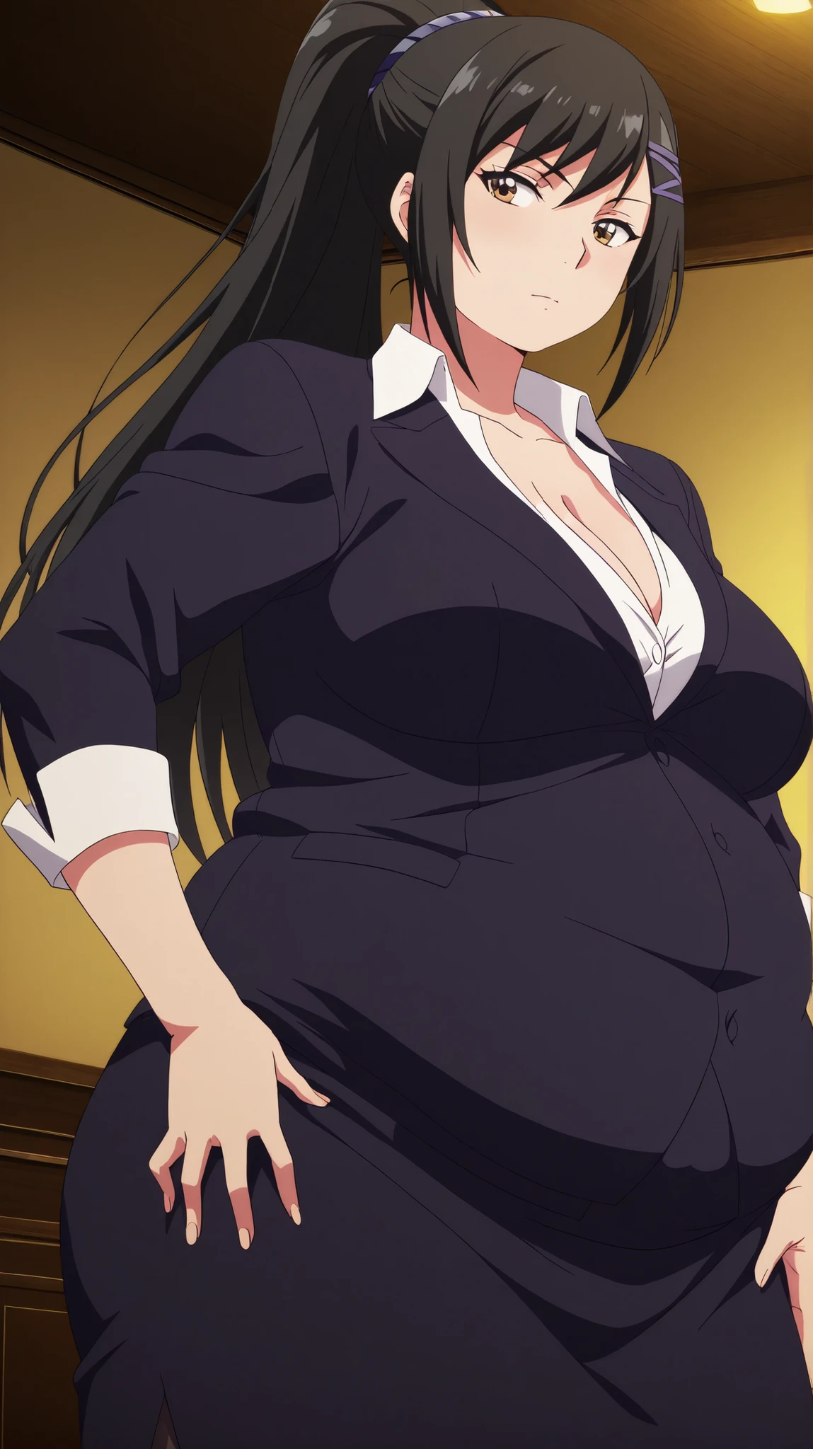 bloated belly,obese,fat,plump,WeightObese,masterpiece, best quality, 8K, ultra-detailed, official art,
anime style, anime coloring, cel shading, hand-drawn look, digital painting, soft shading, detailed lighting, vibrant colors, flat color textures,
dutch angle, cowboy shot, cinematic composition, anime screencap, anime coloring,
1girl, solo,
sae chabashira, chabashira sae, long hair, black hair, hair ornament, brown eyes, ponytail, hairclip, mature female, breasts, anime screencap,
shirt, cleavage, collarbone, jacket, white shirt, formal, suit, skirt, pencil skirt,, correct anatomy, correct fingers, showing the butt, looking back, moving my ass, rear view, seen from below, Pulling the thong