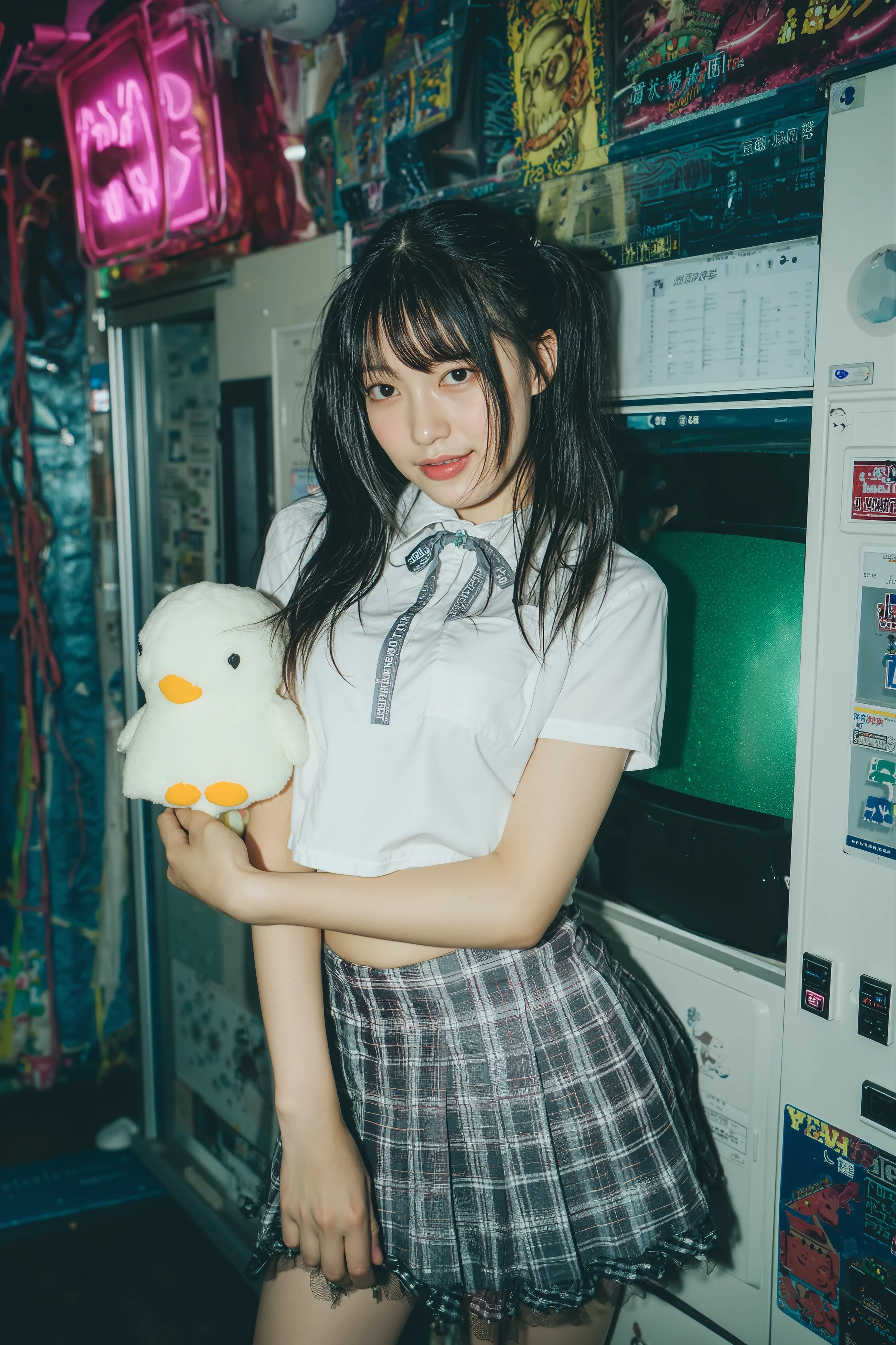 Japanese high school girl、dark haired、Wearing a short-sleeved shirt、The、shirt with a ribbon around the neck is unbuttoned and the navel is visible、wearing a plaid skirt with a ribbon around her neck、I'm wearing white socks、holding a stuffed bird from Twitter、standing in the karaoke box room、smiling slightly and facing the camera