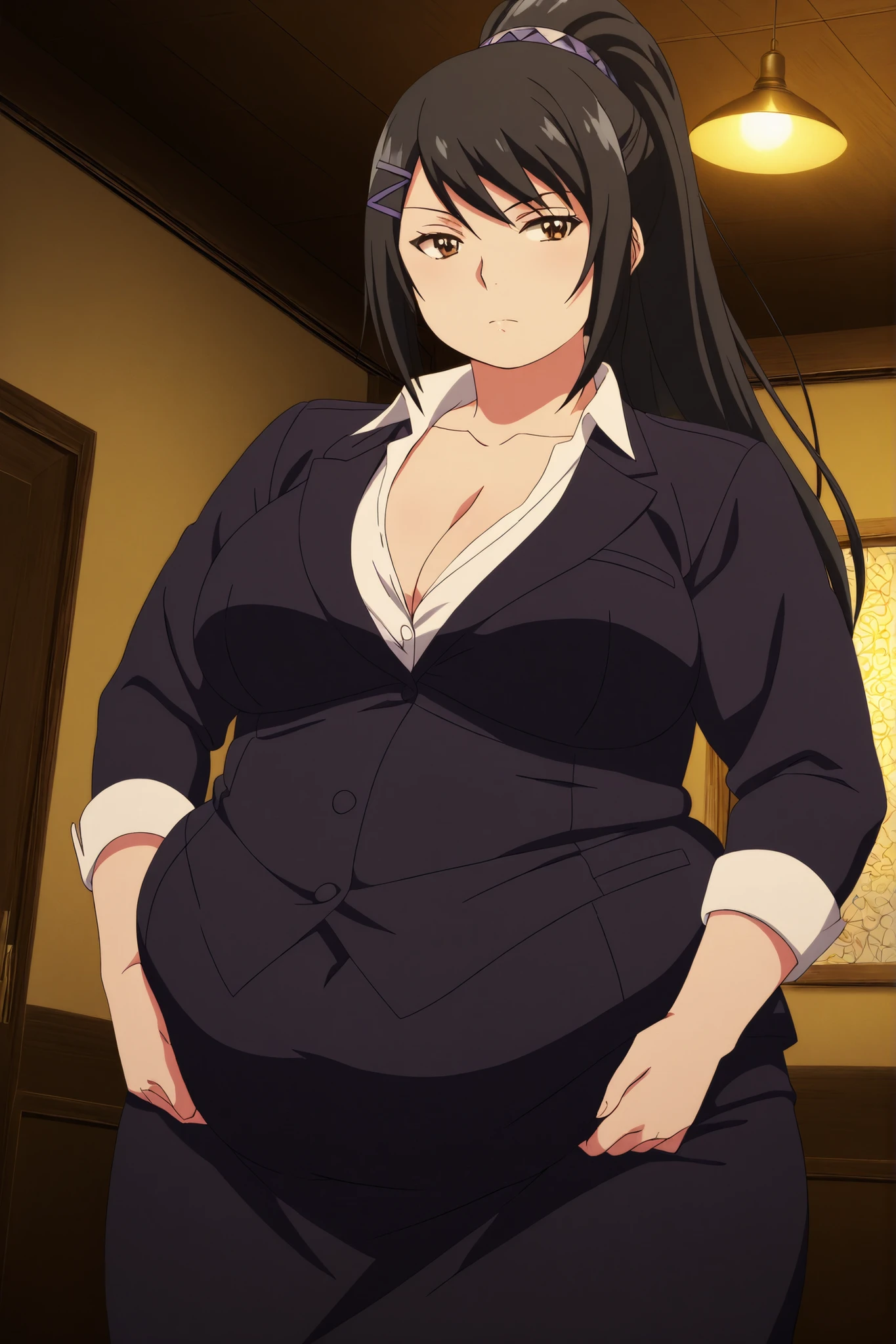 bloated belly,obese,fat,plump,WeightObese,masterpiece, best quality, 8K, ultra-detailed, official art,
anime style, anime coloring, cel shading, hand-drawn look, digital painting, soft shading, detailed lighting, vibrant colors, flat color textures,
dutch angle, cowboy shot, cinematic composition, anime screencap, anime coloring,
1girl, solo,
sae chabashira, chabashira sae, long hair, black hair, hair ornament, brown eyes, ponytail, hairclip, mature female, breasts, anime screencap,
shirt, cleavage, collarbone, jacket, white shirt, formal, suit, skirt, pencil skirt,, correct anatomy, correct fingers, showing the butt, looking back, moving my ass, rear view, seen from below, Pulling the thong