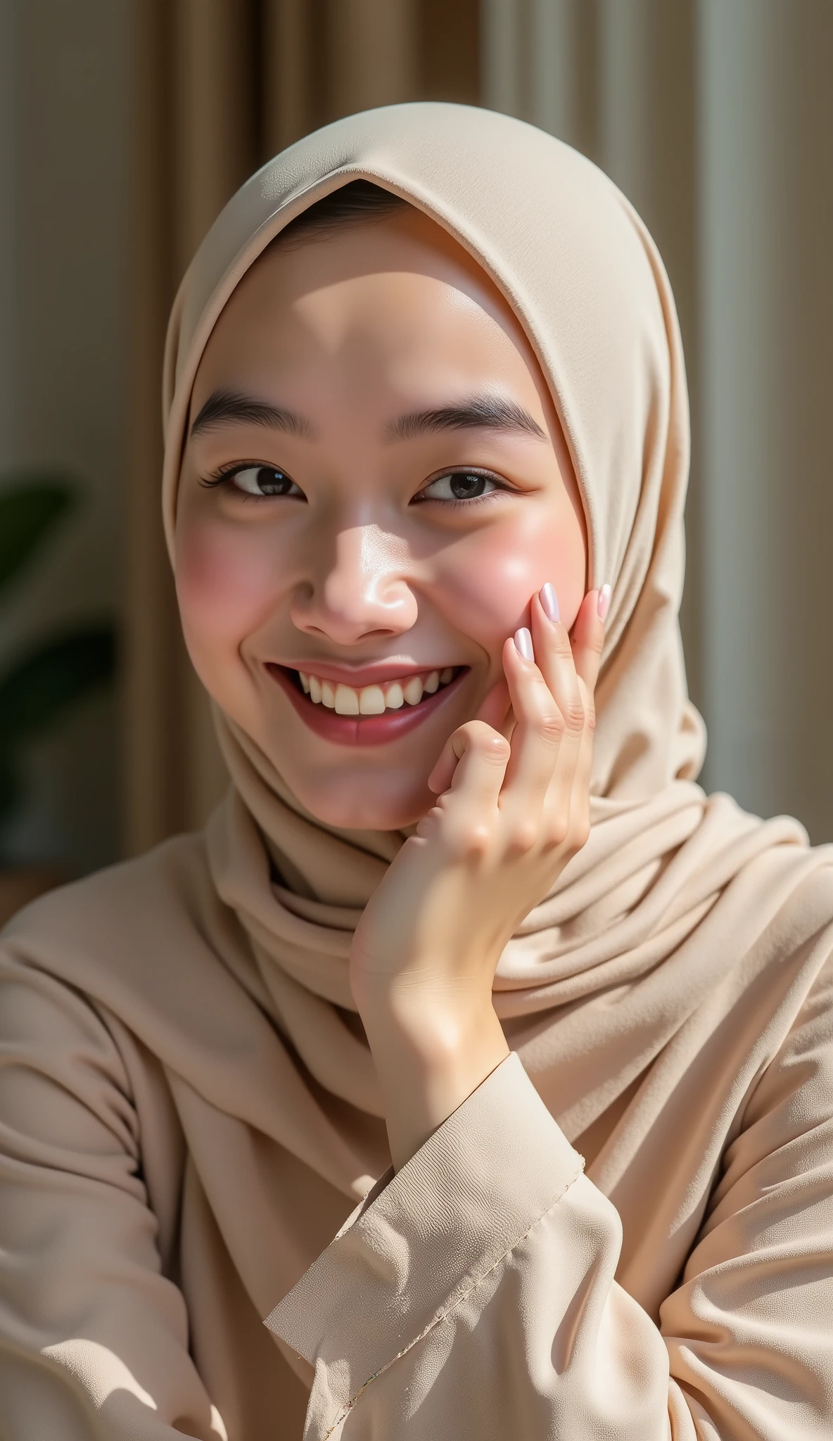 a girl wearing a hijab laughing with a cheerful expression. She said, showing genuine happiness, while covering her mouth, as if holding back the laughter that was about to break out. Her face looks warm and full of life, with the natural lighting making it shine even more. Her hijab is neatly in place and frames her face gracefully. The background is soft and blurry, ensuring that the focus remains on her happy expression. The whole image exudes a cheerful and comfortable atmosphere.