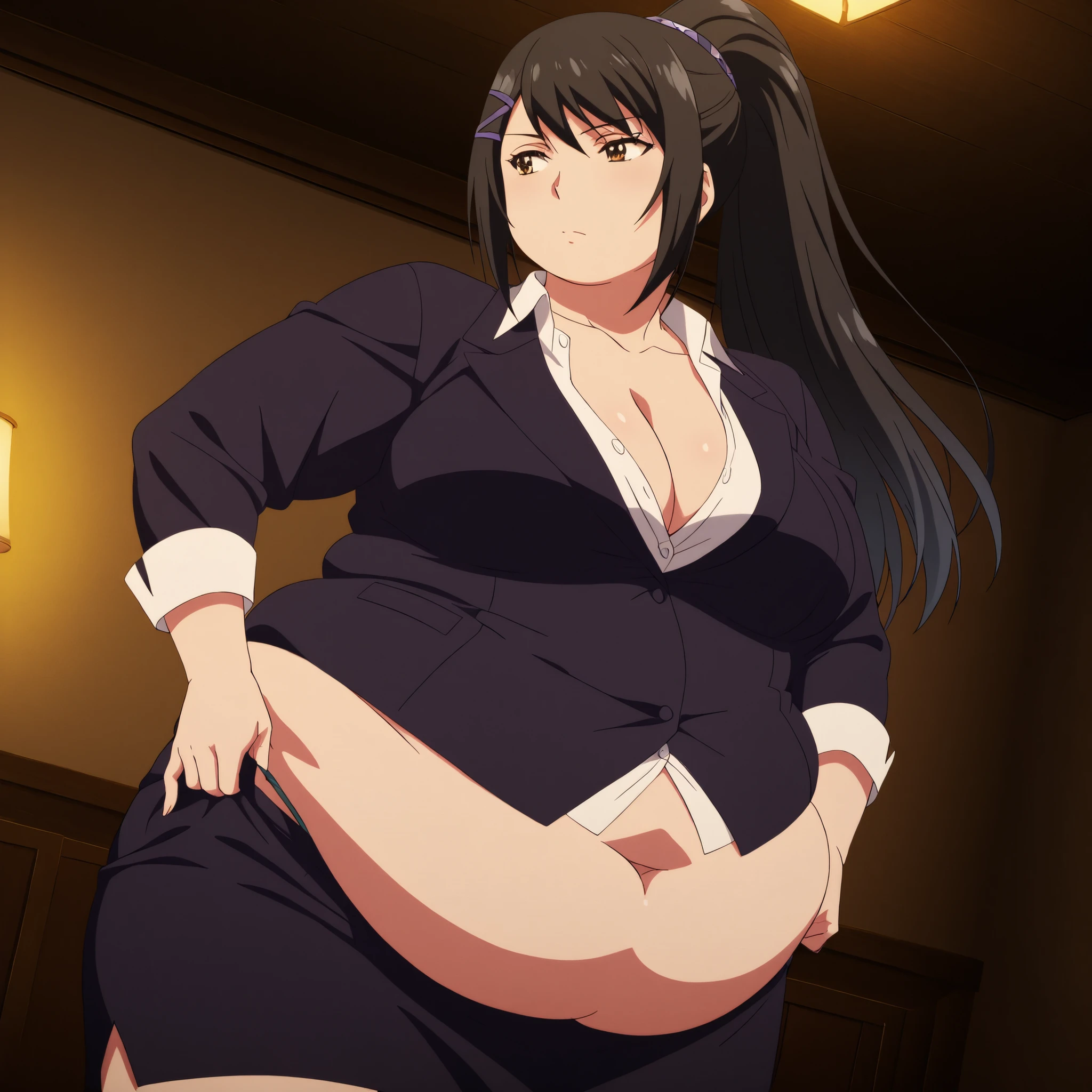 bloated belly,obese,fat,plump,WeightObese,masterpiece, best quality, 8K, ultra-detailed, official art,
anime style, anime coloring, cel shading, hand-drawn look, digital painting, soft shading, detailed lighting, vibrant colors, flat color textures,
dutch angle, cowboy shot, cinematic composition, anime screencap, anime coloring,
1girl, solo,
sae chabashira, chabashira sae, long hair, black hair, hair ornament, brown eyes, ponytail, hairclip, mature female, breasts, anime screencap,
shirt, cleavage, collarbone, jacket, white shirt, formal, suit, skirt, pencil skirt,, correct anatomy, correct fingers, showing the butt, looking back, moving my ass, rear view, seen from below, Pulling the thong