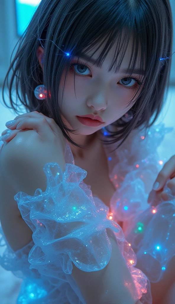 elsa frozzen ((La princesa rosalina de la serie Super Mario Bros))(ella tiene grandes labios rojos de color azul brillante) ((cabello largo y rubio))(((El flequillo largo oculta un ojo)))(dark ojoshadows make up)((pechos muy grandes)) (Cuerpo delgado perfecto) ((Use mini bikini aguamarina, corona de oro)) ((Posando  en Cosmic Castle)) (Obra maestra, a high definition, Dynamic volumetric lights and shadows)((Obra maestra))(8k)(Cara perfecta)(Ultra detalles) (Manos perfectas, ojos, y cara) (Estrella de Luma volando alrededor)