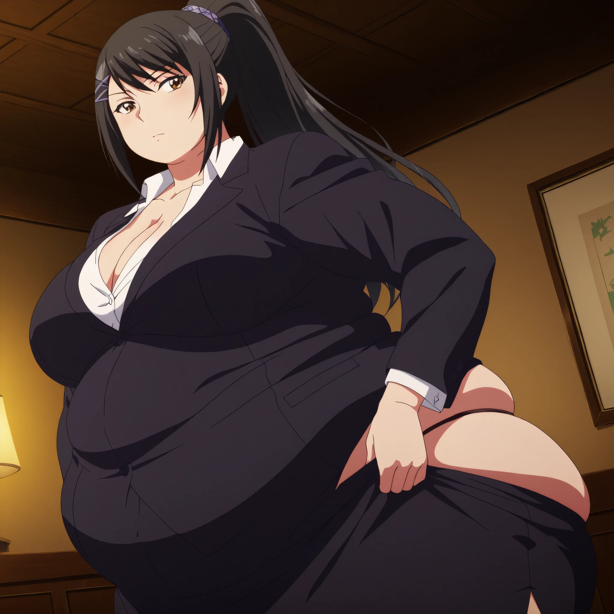 hyper fat,hyper obese,bloated belly,obese,fat,plump,WeightObese,masterpiece, best quality, 8K, ultra-detailed, official art,
anime style, anime coloring, cel shading, hand-drawn look, digital painting, soft shading, detailed lighting, vibrant colors, flat color textures,
dutch angle, cowboy shot, cinematic composition, anime screencap, anime coloring,
1girl, solo,
sae chabashira, chabashira sae, long hair, black hair, hair ornament, brown eyes, ponytail, hairclip, mature female, breasts, anime screencap,
shirt, cleavage, collarbone, jacket, white shirt, formal, suit, skirt, pencil skirt,, correct anatomy, correct fingers, showing the butt, looking back, moving my ass, rear view, seen from below, Pulling the thong